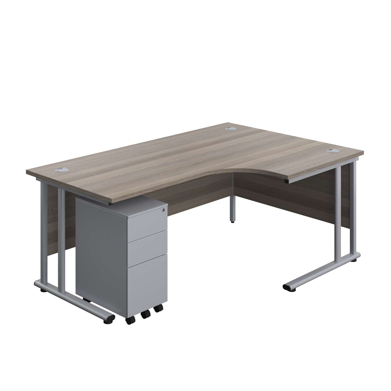 Twin Upright Right Hand Radial Desk + Slimline Steel Pedestal 3 Drawers (FSC) | 1800X1200 | Grey Oak/Silver