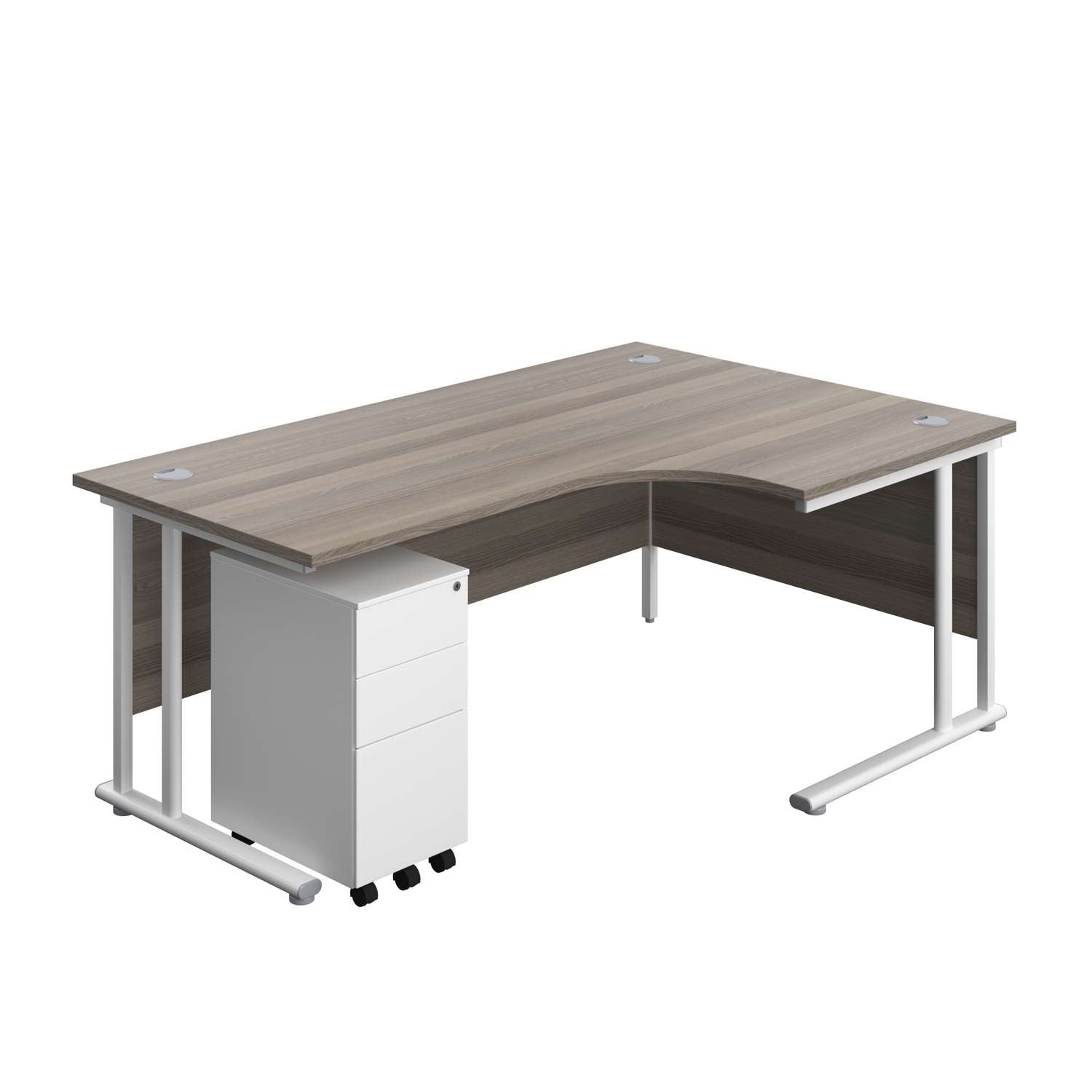 Twin Upright Right Hand Radial Desk + Slimline Steel Pedestal 3 Drawers (FSC) | 1800X1200 | Grey Oak/White