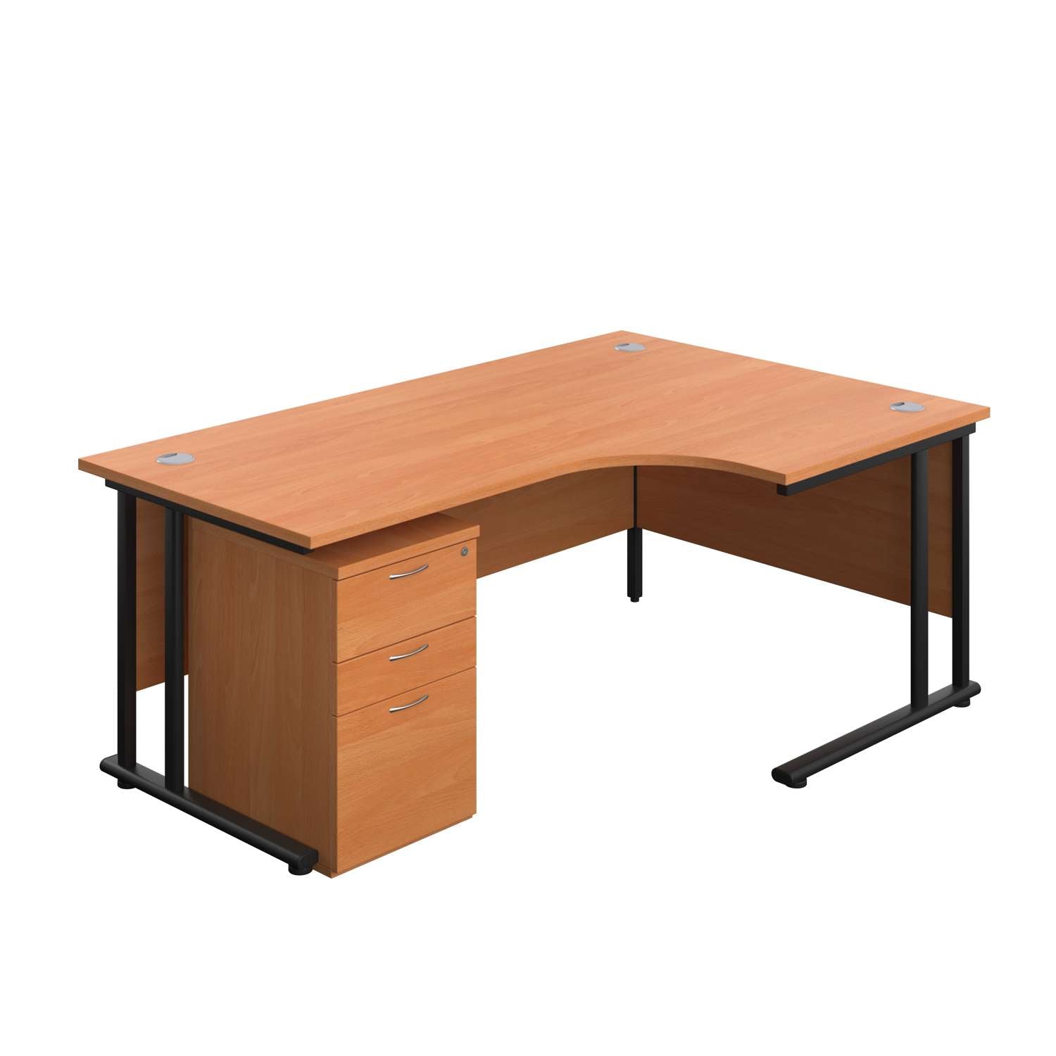 Twin Upright Right Hand Radial Desk + High Mobile Pedestal 3 Drawer (FSC) | 1800X1200 | Beech/Black