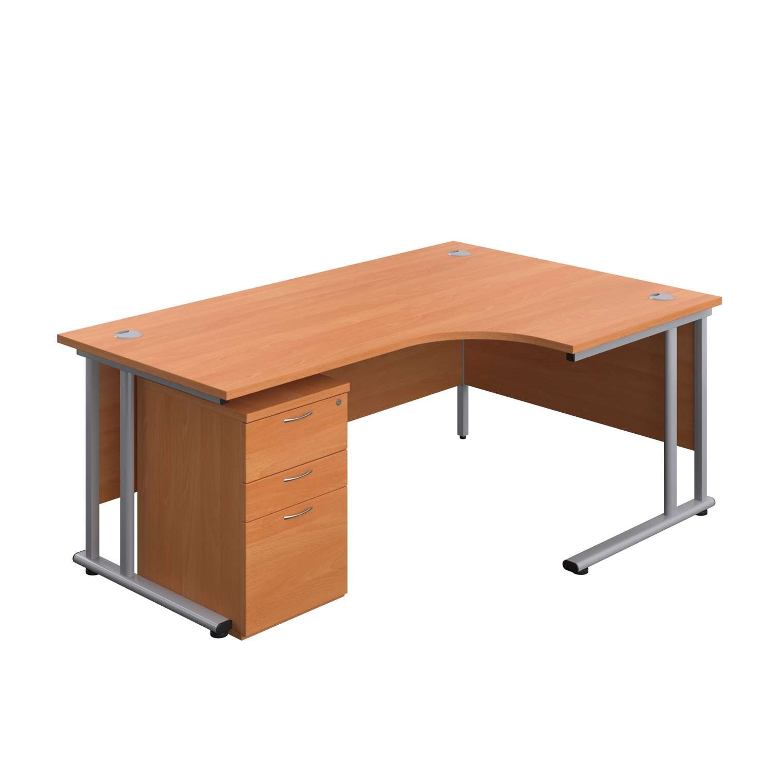 Twin Upright Right Hand Radial Desk + High Mobile Pedestal 3 Drawer (FSC) | 1800X1200 | Beech/Silver