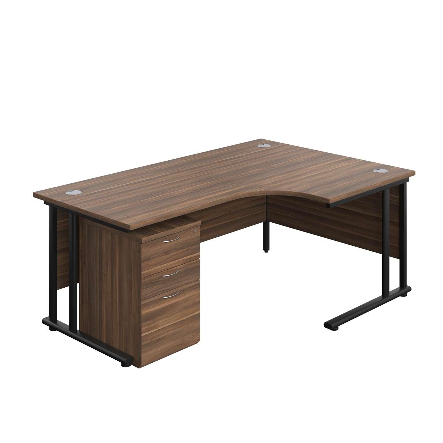 Twin Upright Right Hand Radial Desk + High Mobile Pedestal 3 Drawer (FSC) | 1800X1200 | Dark Walnut/Black