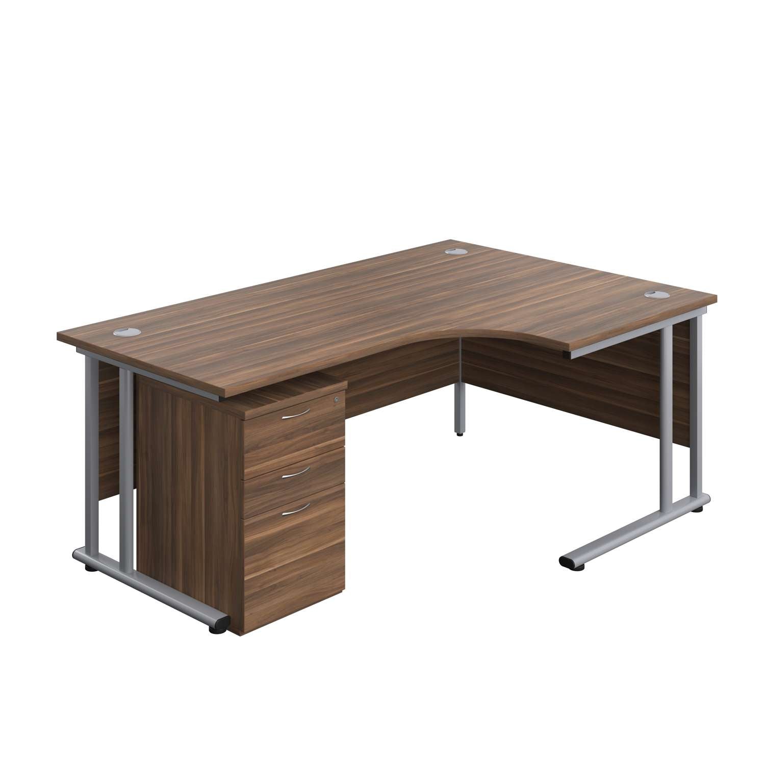 Twin Upright Right Hand Radial Desk + High Mobile Pedestal 3 Drawer (FSC) | 1800X1200 | Dark Walnut/Silver