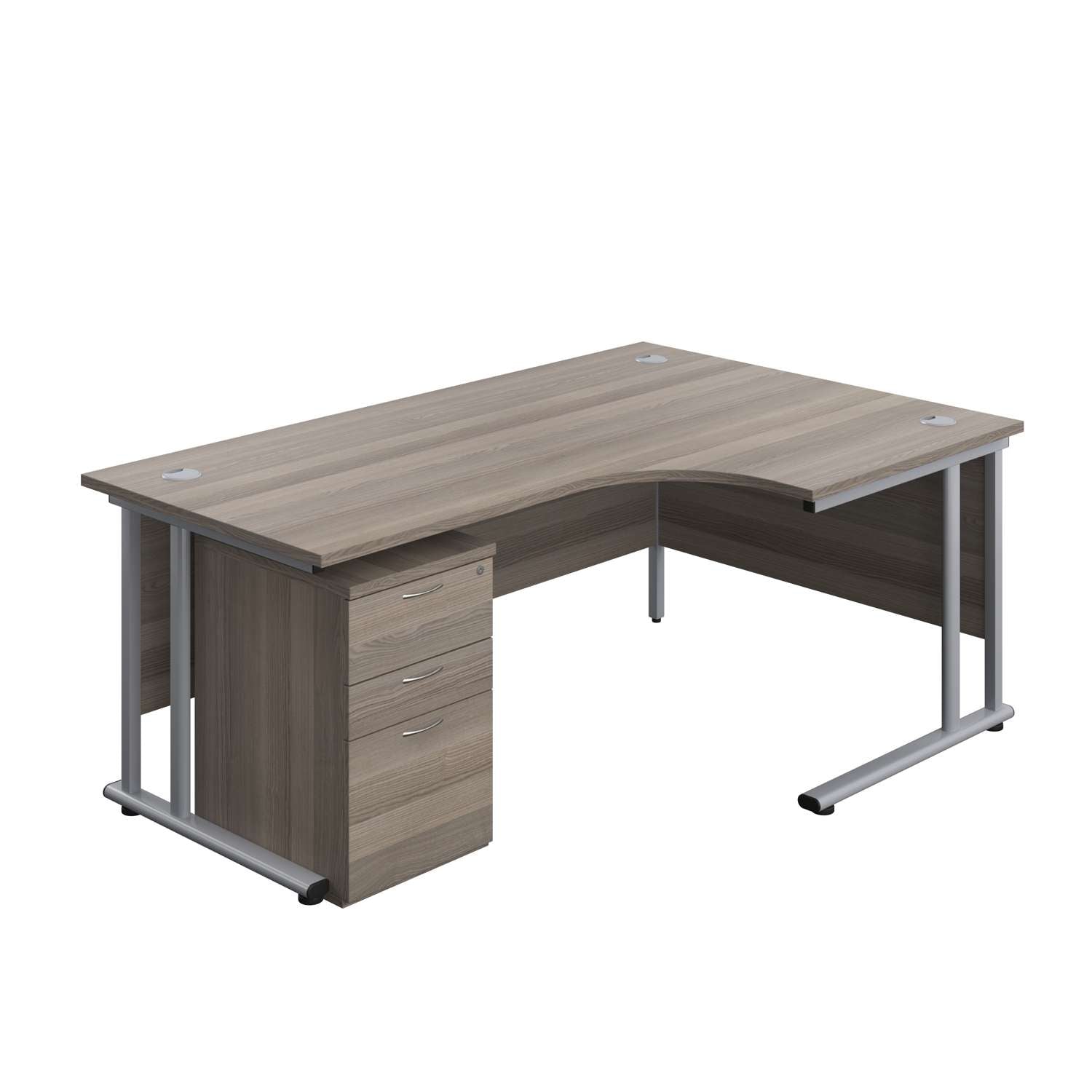 Twin Upright Right Hand Radial Desk + High Mobile Pedestal 3 Drawer (FSC) | 1800X1200 | Grey Oak/Silver