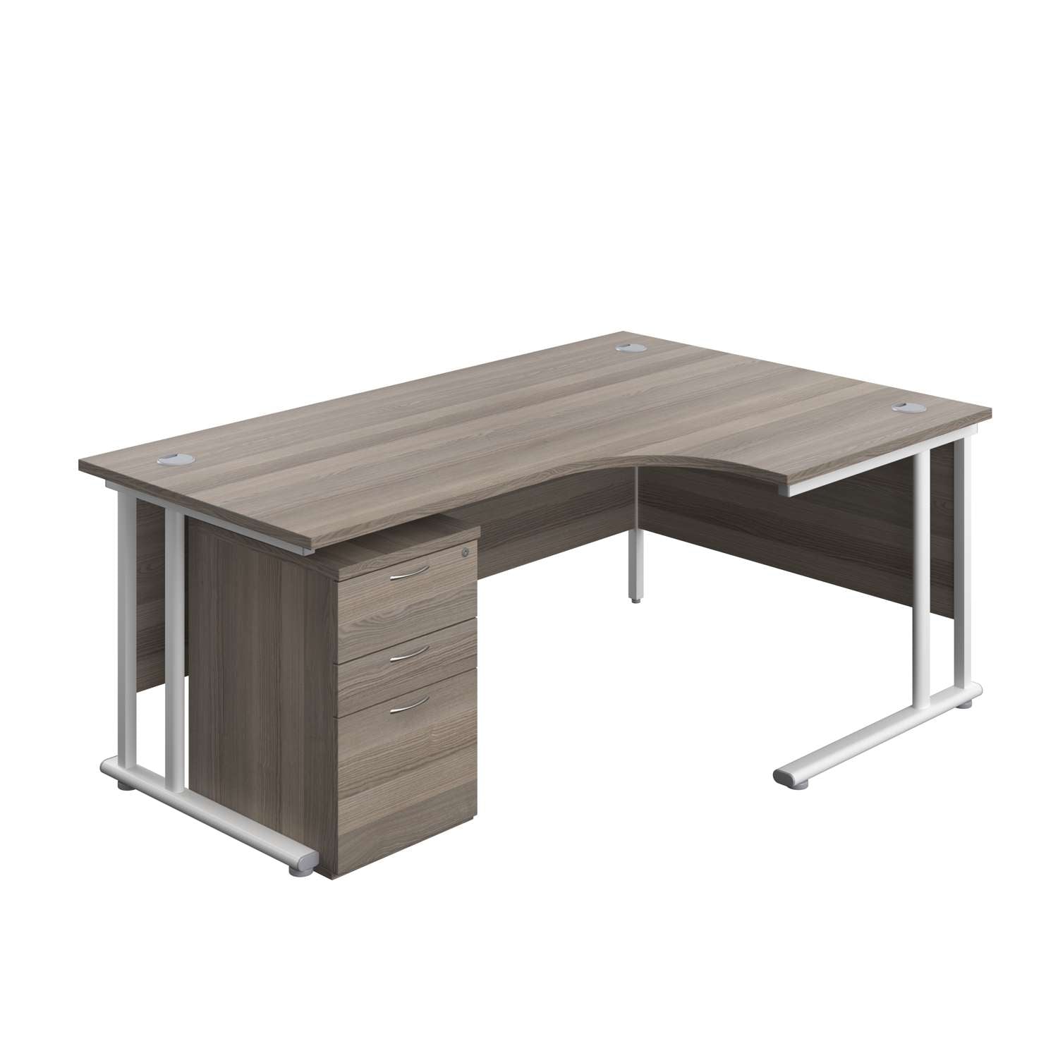 Twin Upright Right Hand Radial Desk + High Mobile Pedestal 3 Drawer (FSC) | 1800X1200 | Grey Oak/White