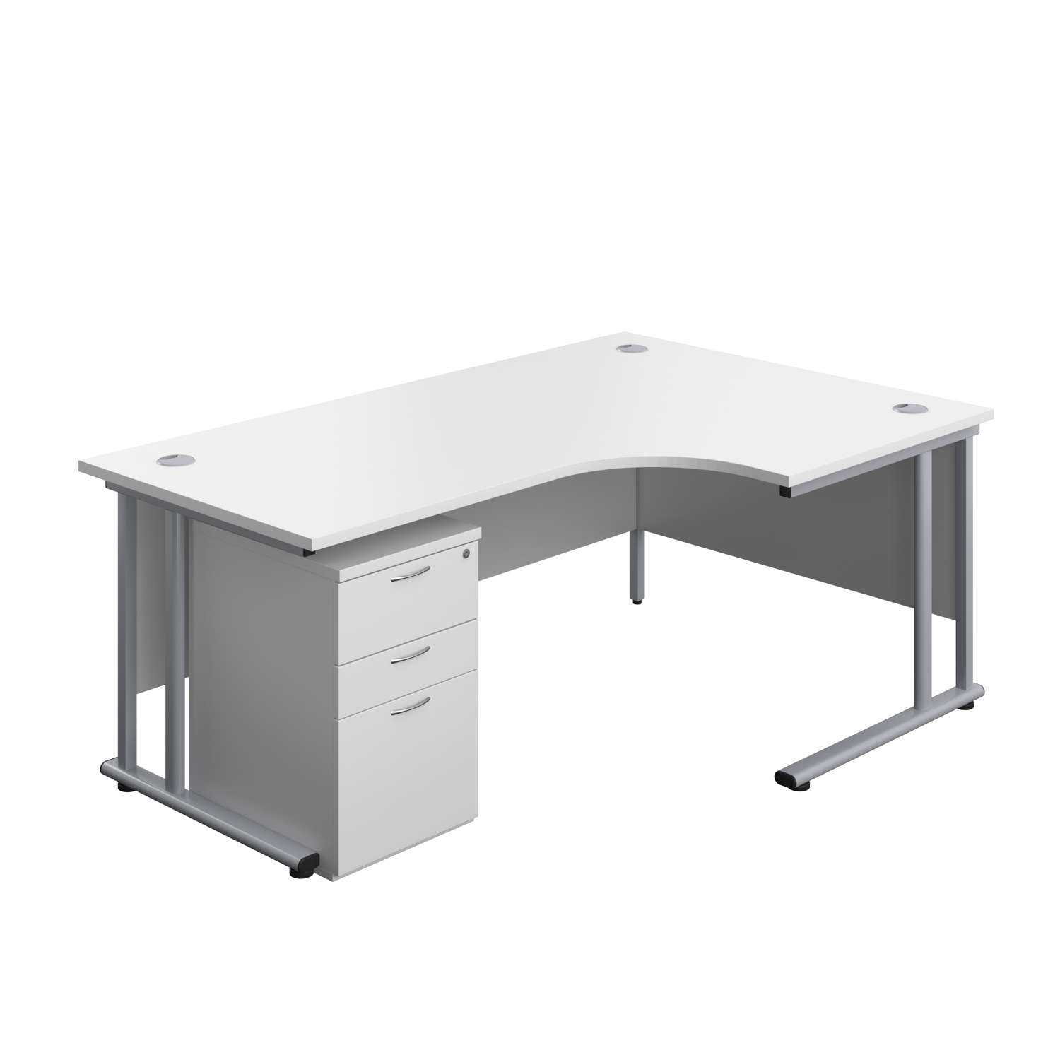 Twin Upright Right Hand Radial Desk + High Mobile Pedestal 3 Drawer (FSC) | 1800X1200 | White/Silver