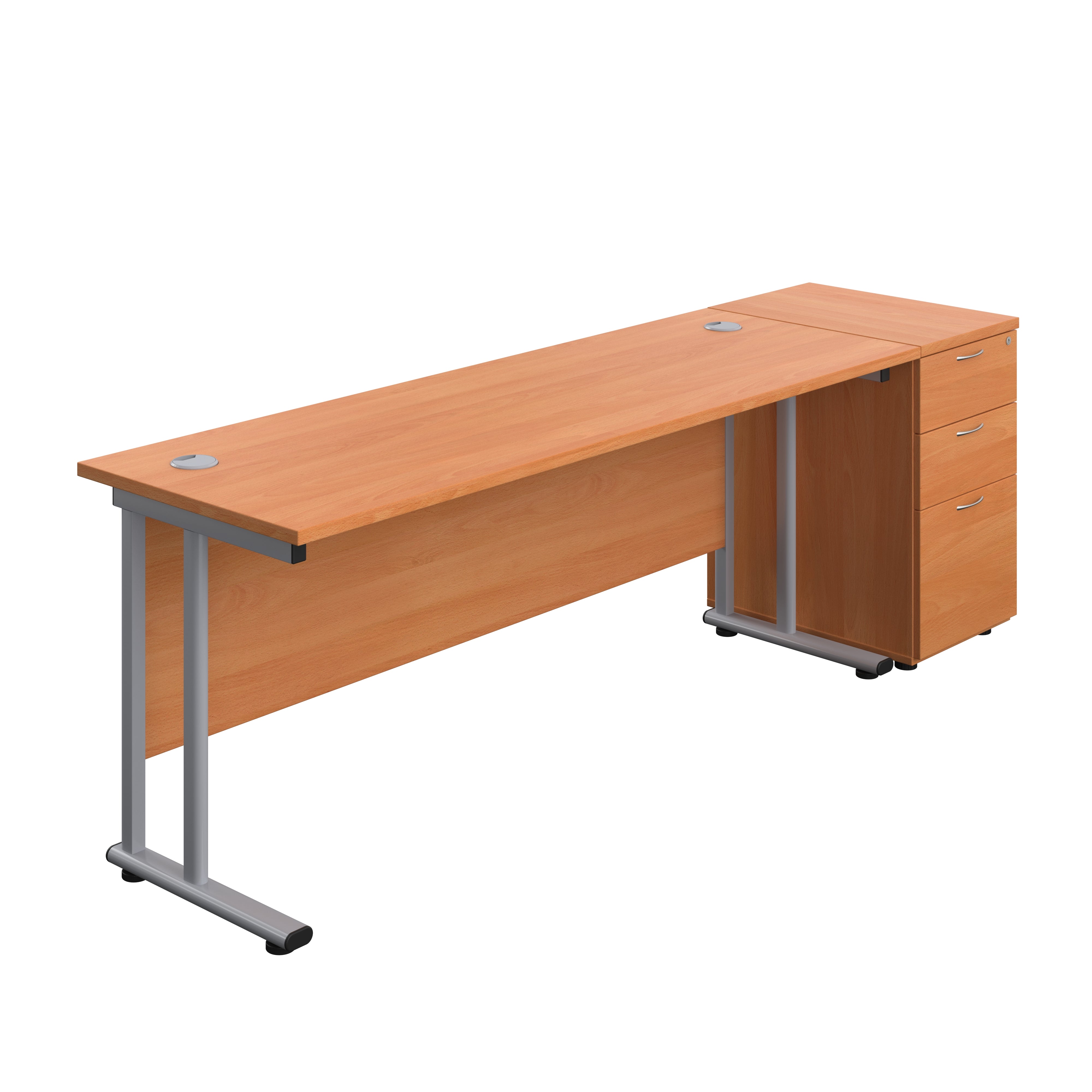 Twin Upright Rectangular Desk + Desk High 3 Drawer Pedestal (FSC) | 1800X600 | Beech/Silver
