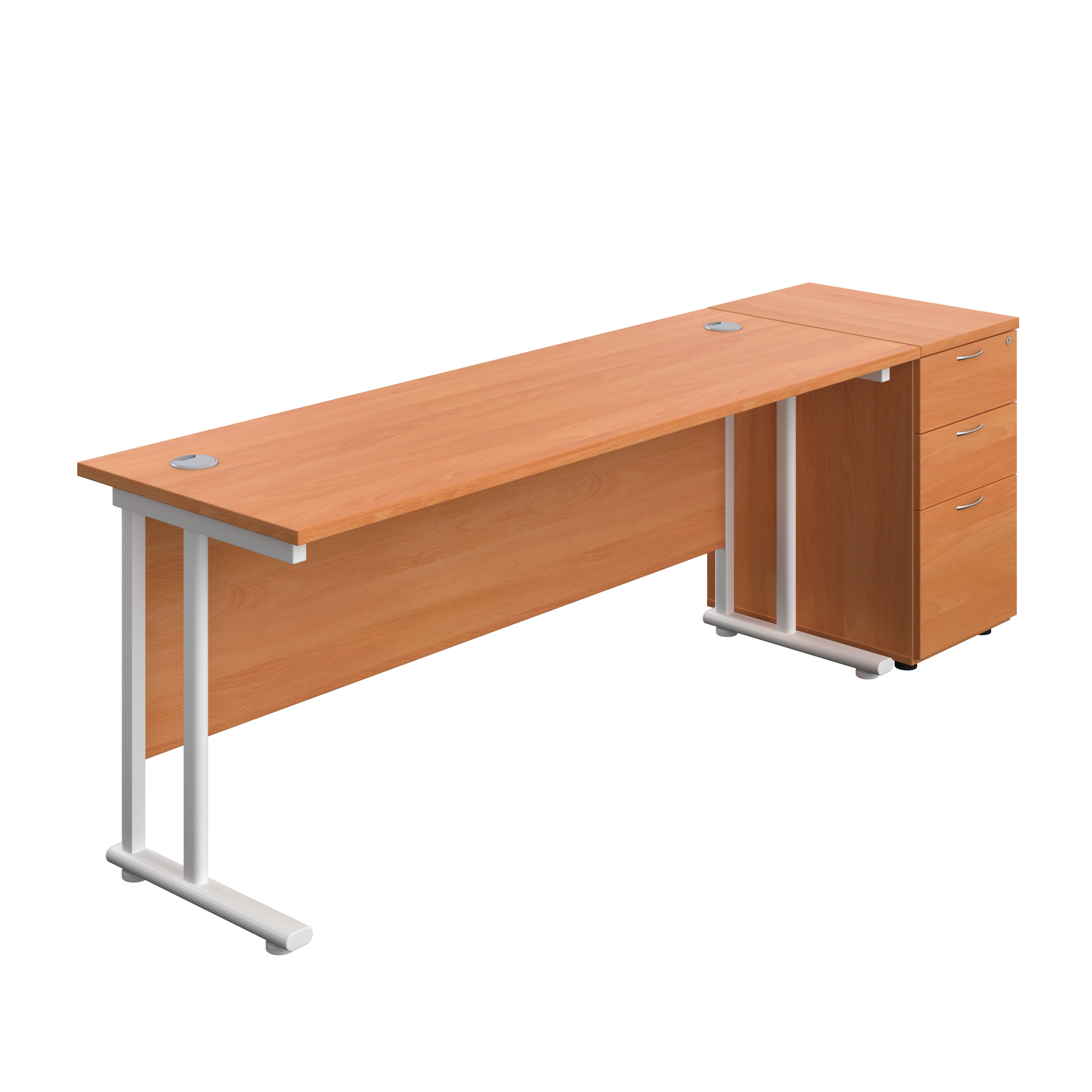 Twin Upright Rectangular Desk + Desk High 3 Drawer Pedestal (FSC) | 1800X600 | Beech/White