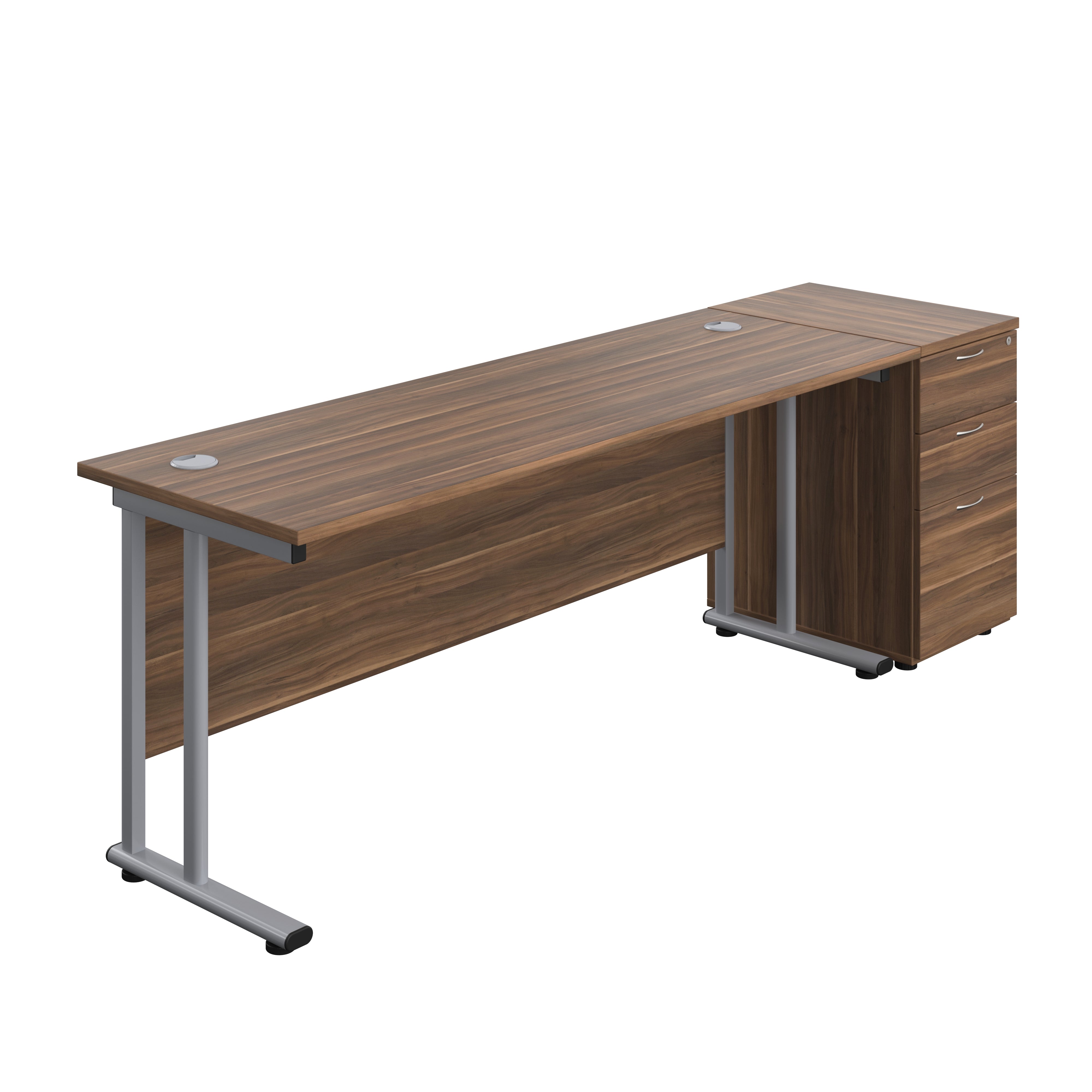 Twin Upright Rectangular Desk + Desk High 3 Drawer Pedestal (FSC) | 1800X600 | Dark Walnut/Silver