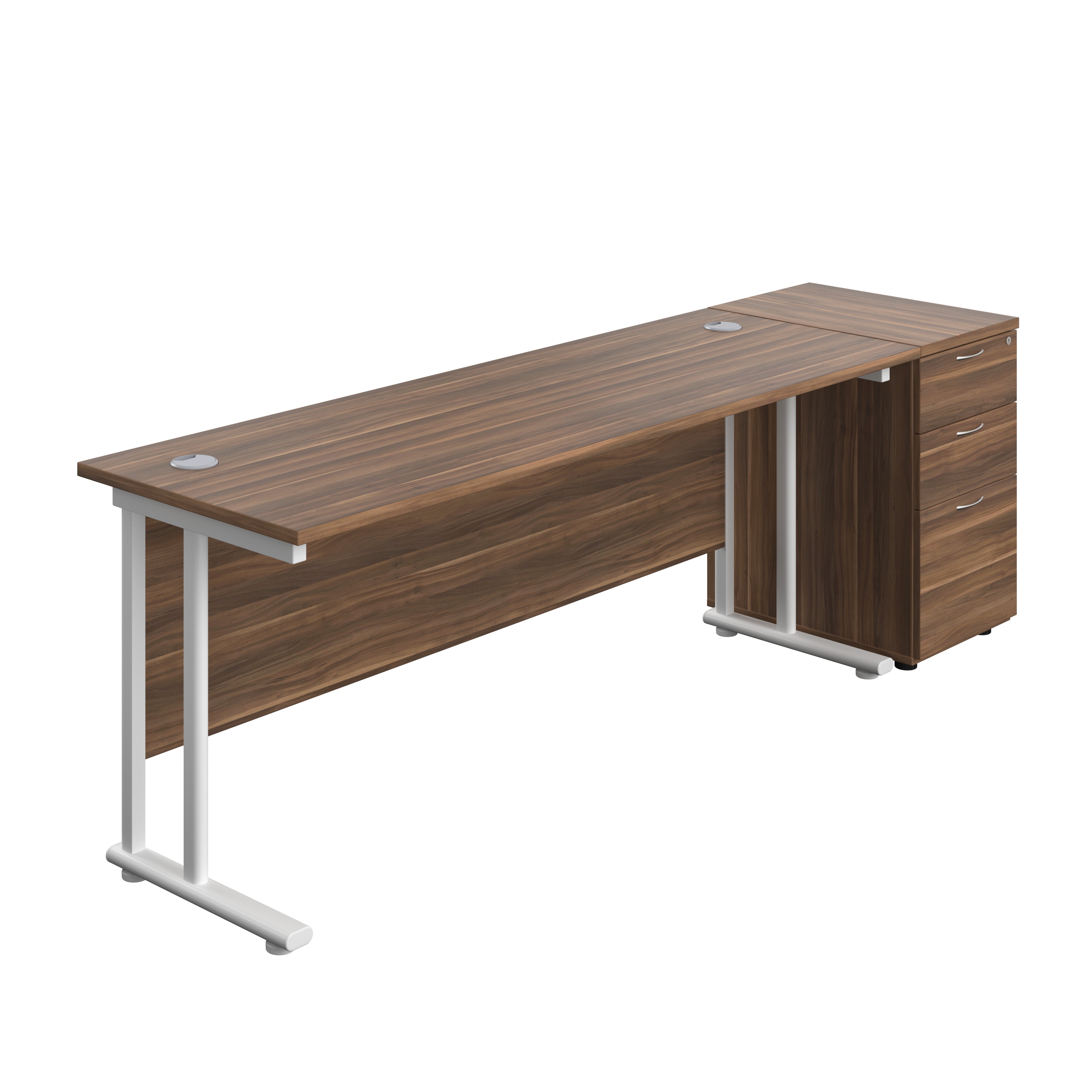 Twin Upright Rectangular Desk + Desk High 3 Drawer Pedestal (FSC) | 1800X600 | Dark Walnut/White