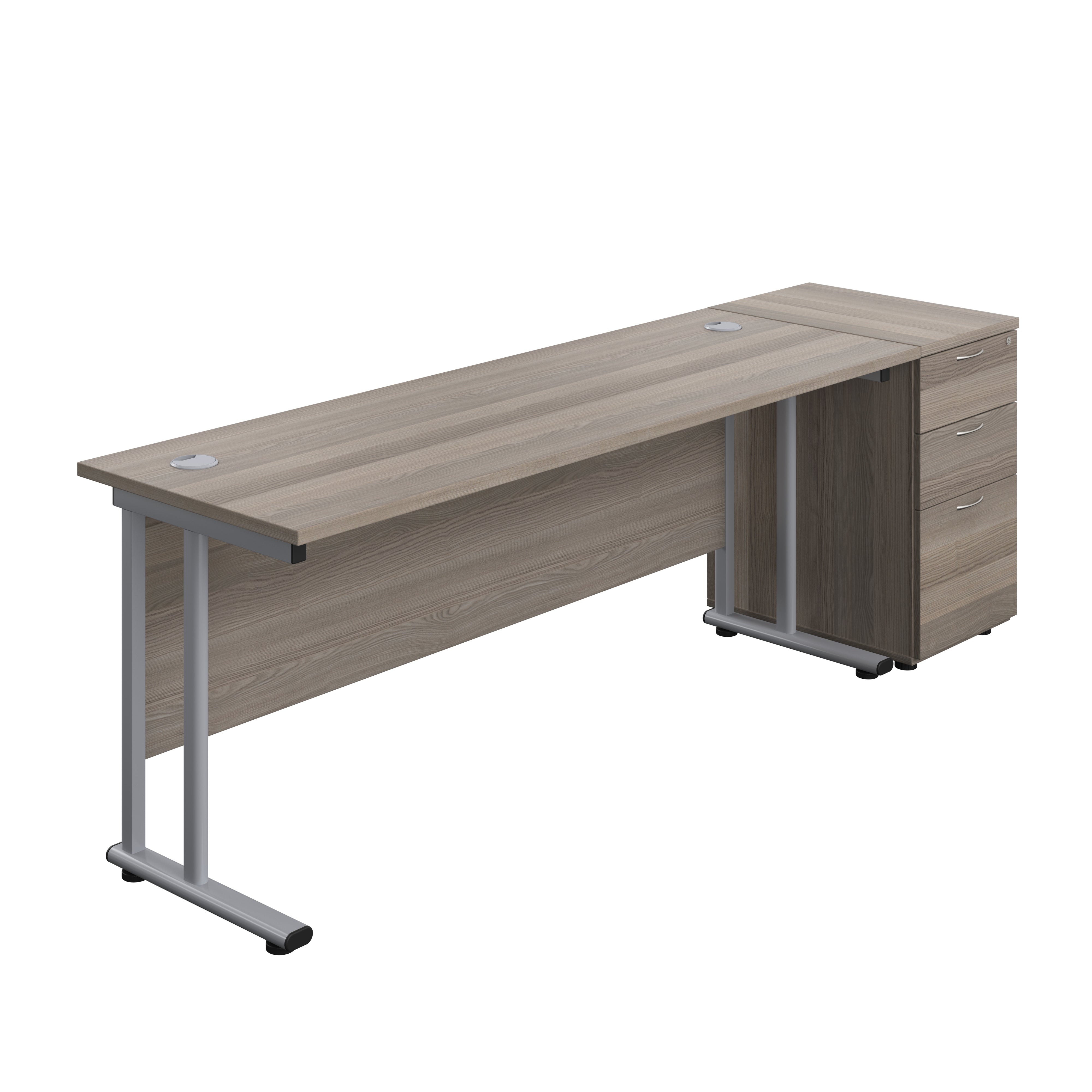 Twin Upright Rectangular Desk + Desk High 3 Drawer Pedestal (FSC) | 1800X600 | Grey Oak/Silver