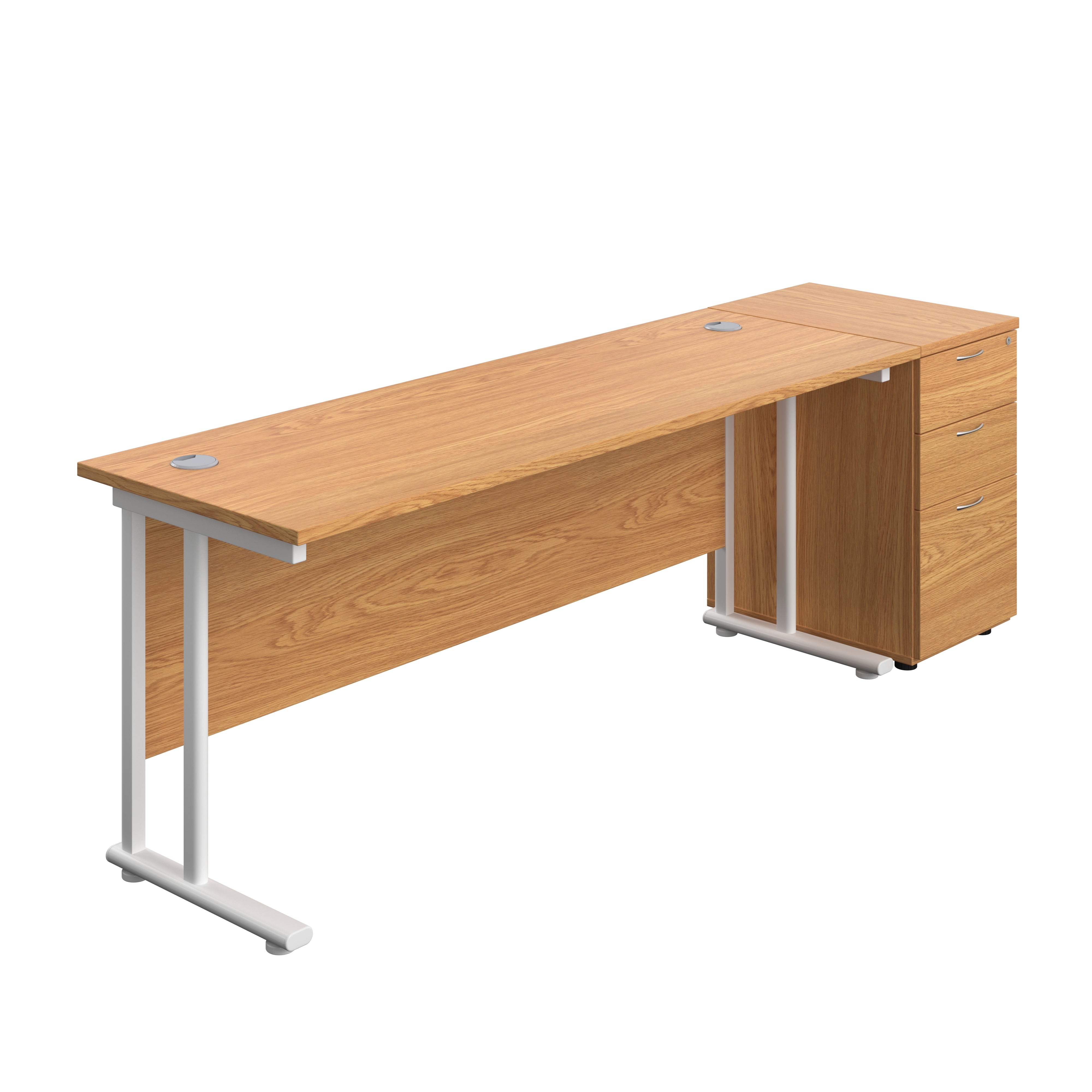 Twin Upright Rectangular Desk + Desk High 3 Drawer Pedestal (FSC) | 1800X600 | Nova Oak/White