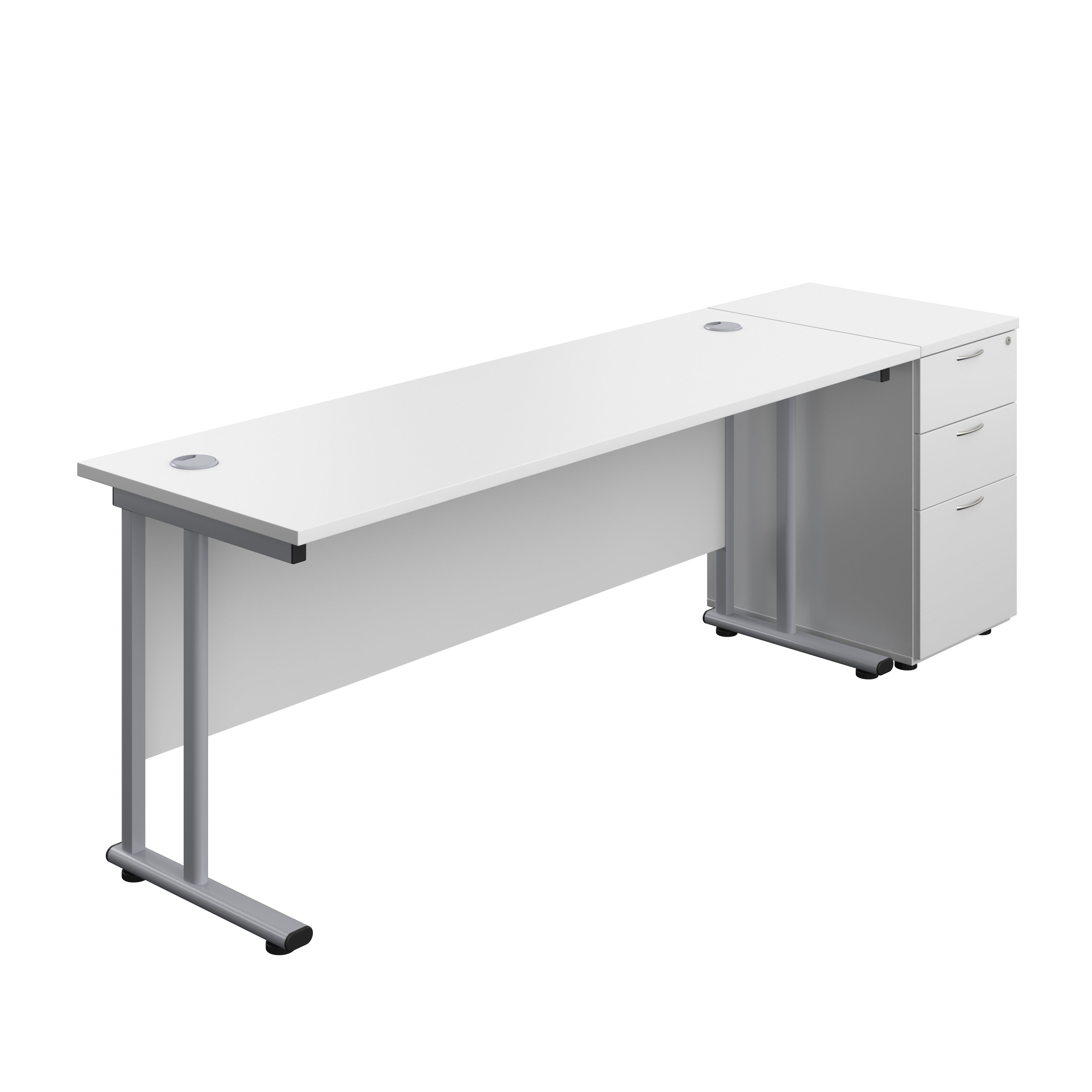 Twin Upright Rectangular Desk + Desk High 3 Drawer Pedestal (FSC) | 1800X600 | White/Silver