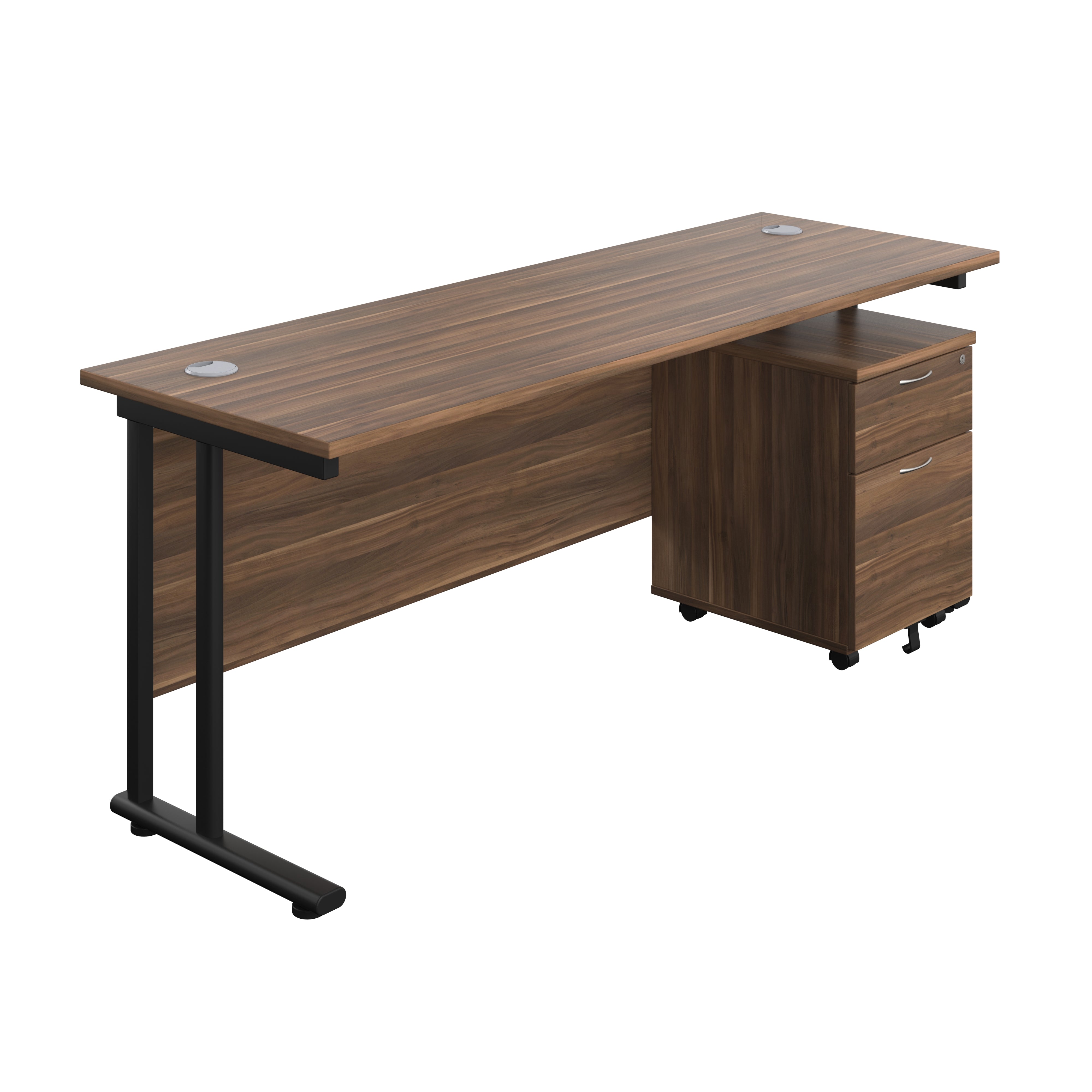 Twin Upright Rectangular Desk + Mobile 2 Drawer Pedestal (FSC) | 1800X600 | Dark Walnut/Black