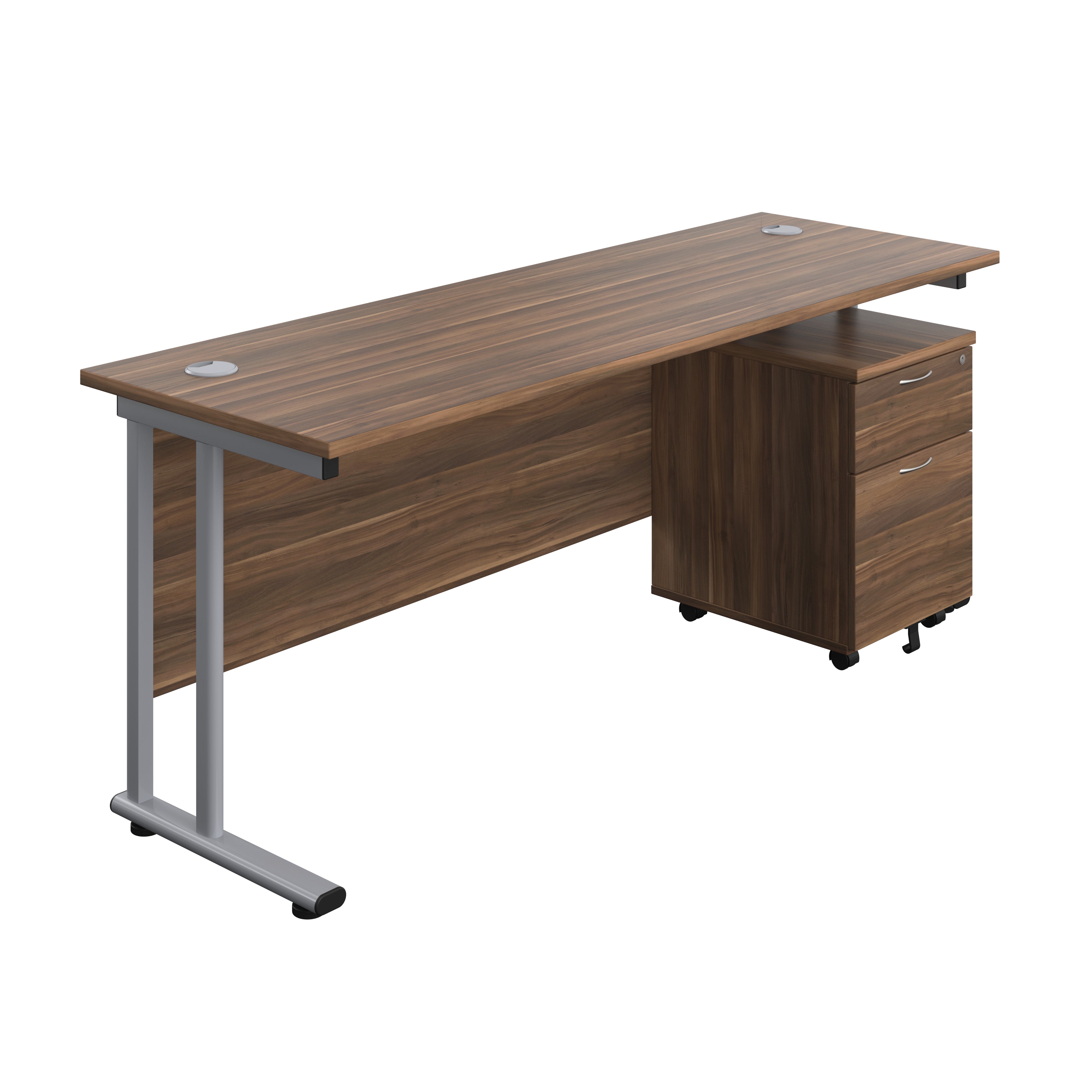 Twin Upright Rectangular Desk + Mobile 2 Drawer Pedestal (FSC) | 1800X600 | Dark Walnut/Silver