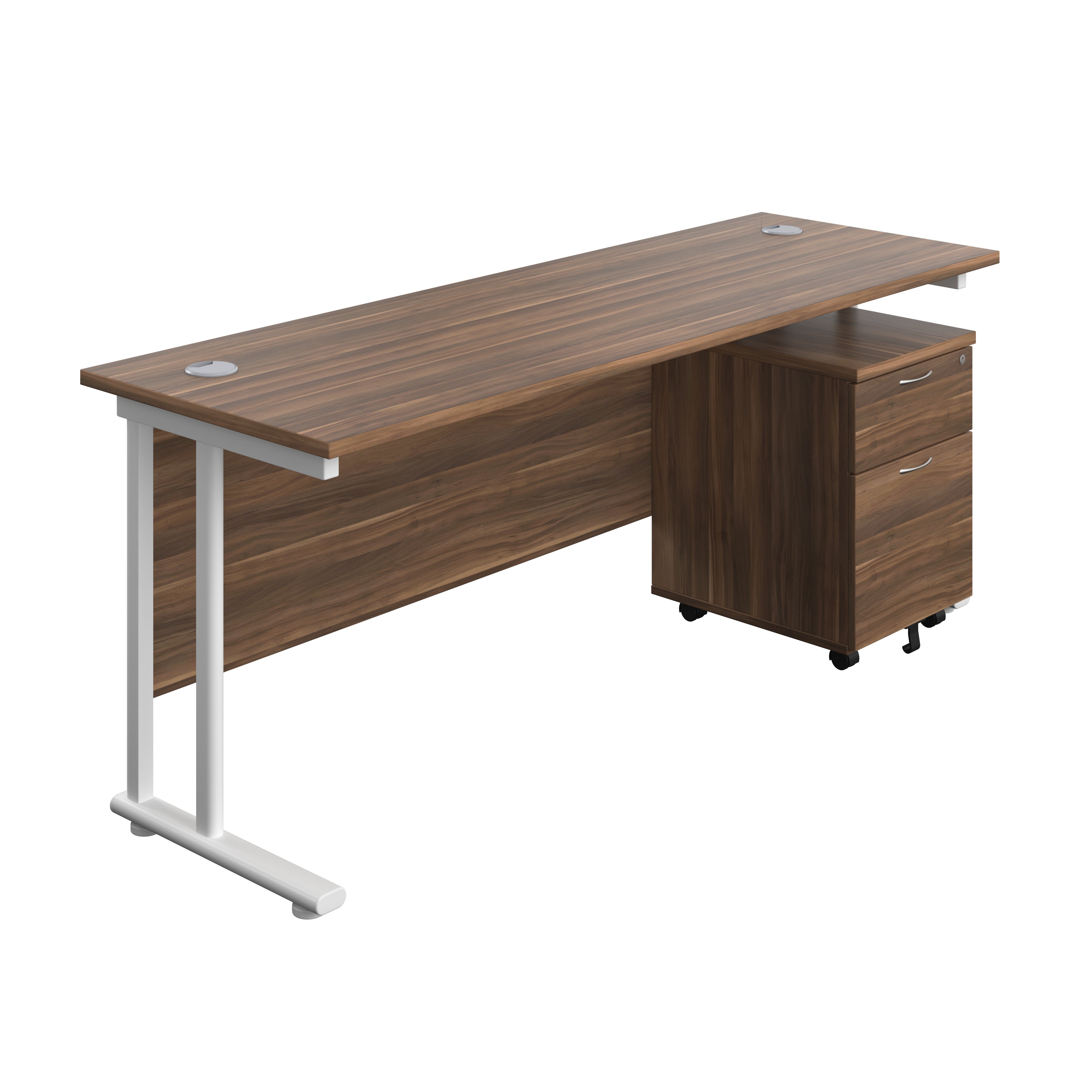 Twin Upright Rectangular Desk + Mobile 2 Drawer Pedestal (FSC) | 1800X600 | Dark Walnut/White