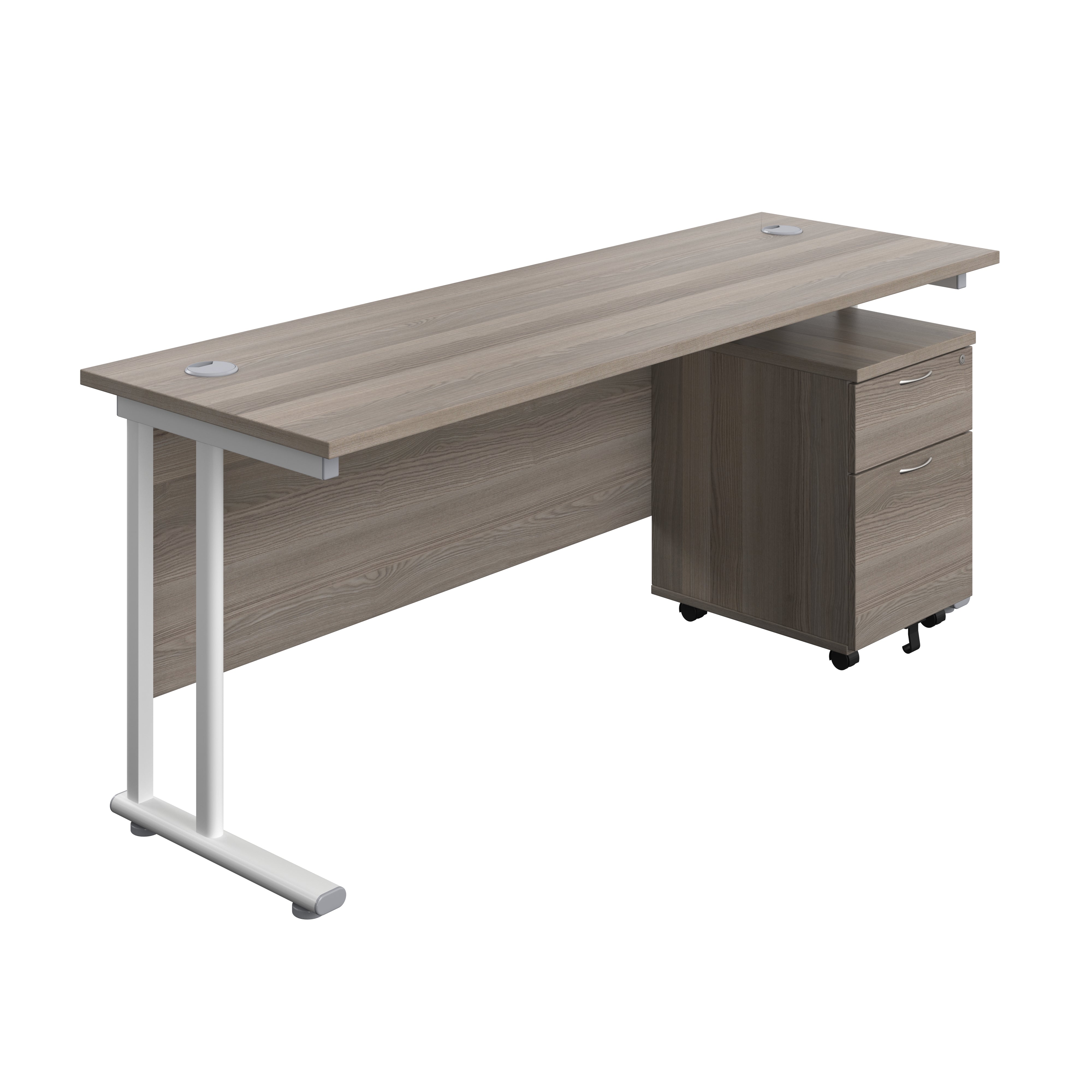 Twin Upright Rectangular Desk + Mobile 2 Drawer Pedestal (FSC) | 1800X600 | Grey Oak/White