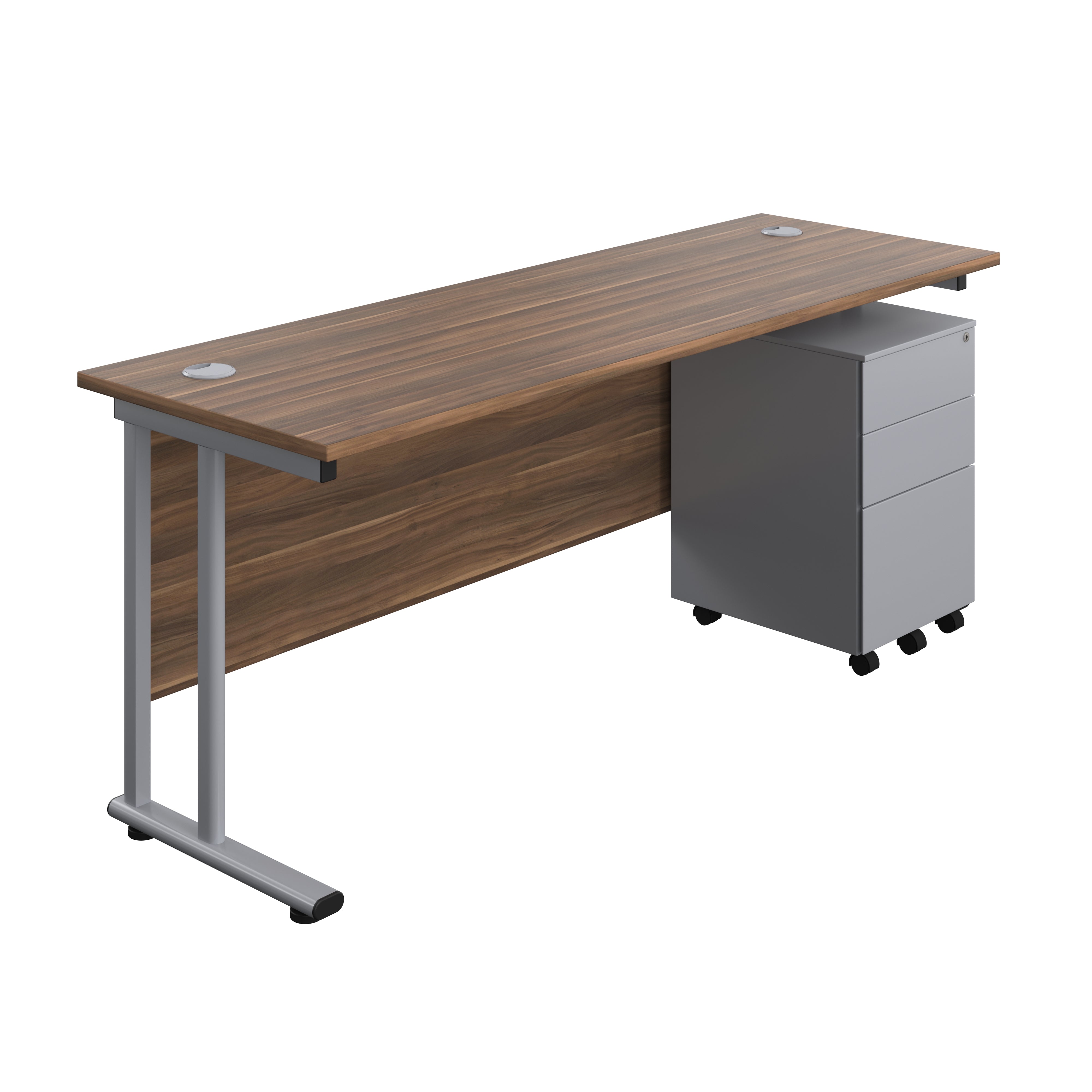 Twin Upright Rectangular Desk + Under Desk Steel Pedestal 3 Drawers (FSC) | 1800X600 | Dark Walnut/Silver