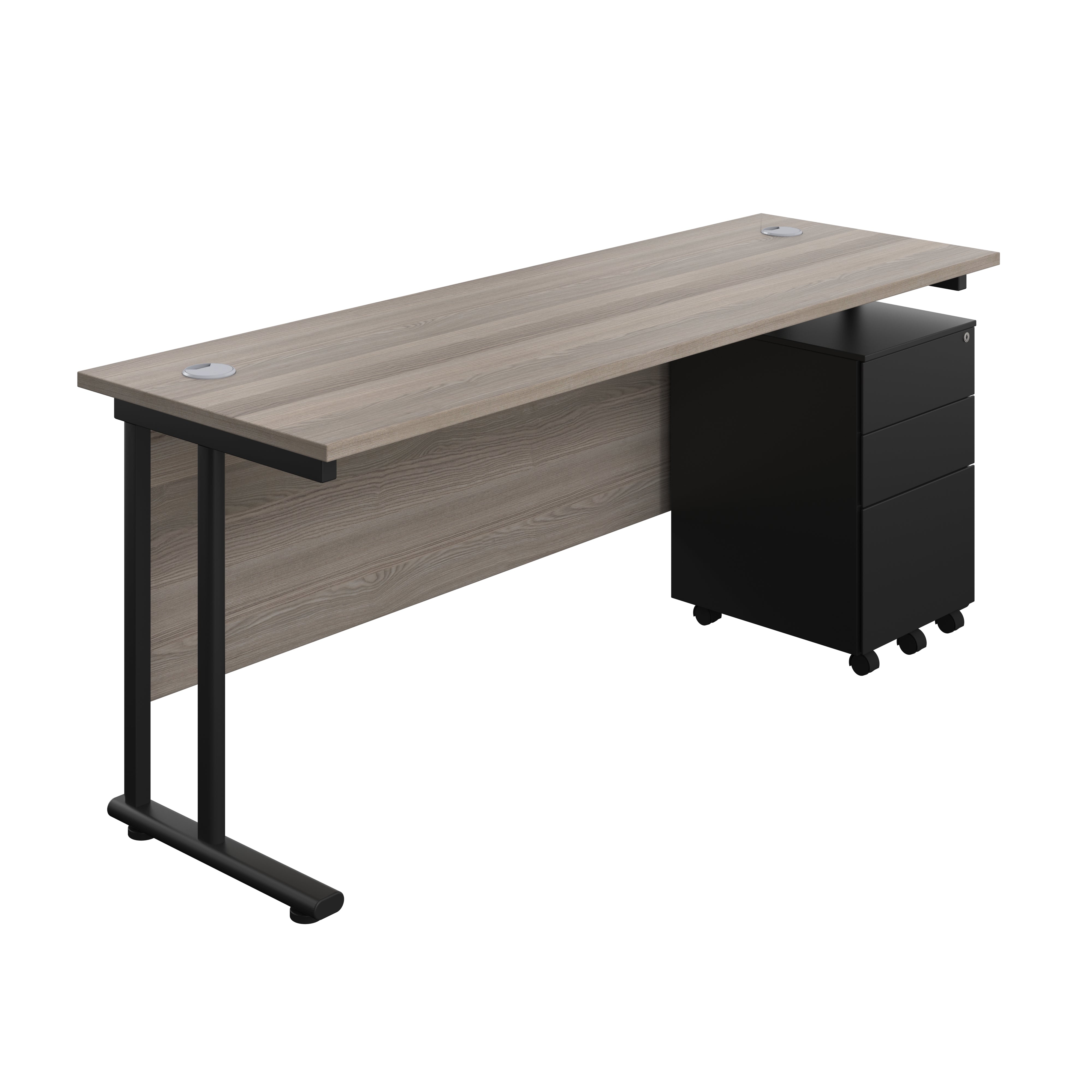 Twin Upright Rectangular Desk + Under Desk Steel Pedestal 3 Drawers (FSC) | 1800X600 | Grey Oak/Black
