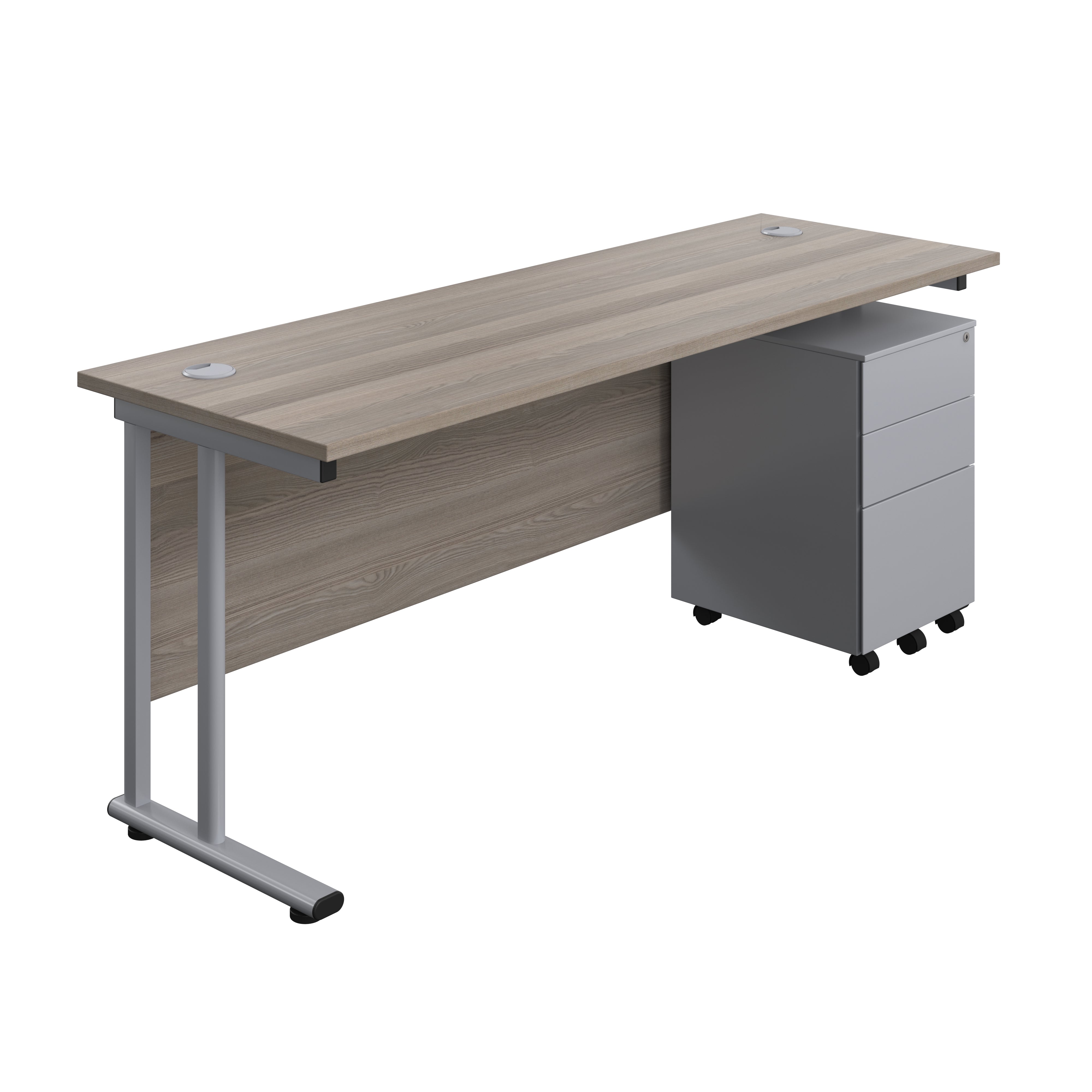 Twin Upright Rectangular Desk + Under Desk Steel Pedestal 3 Drawers (FSC) | 1800X600 | Grey Oak/Silver