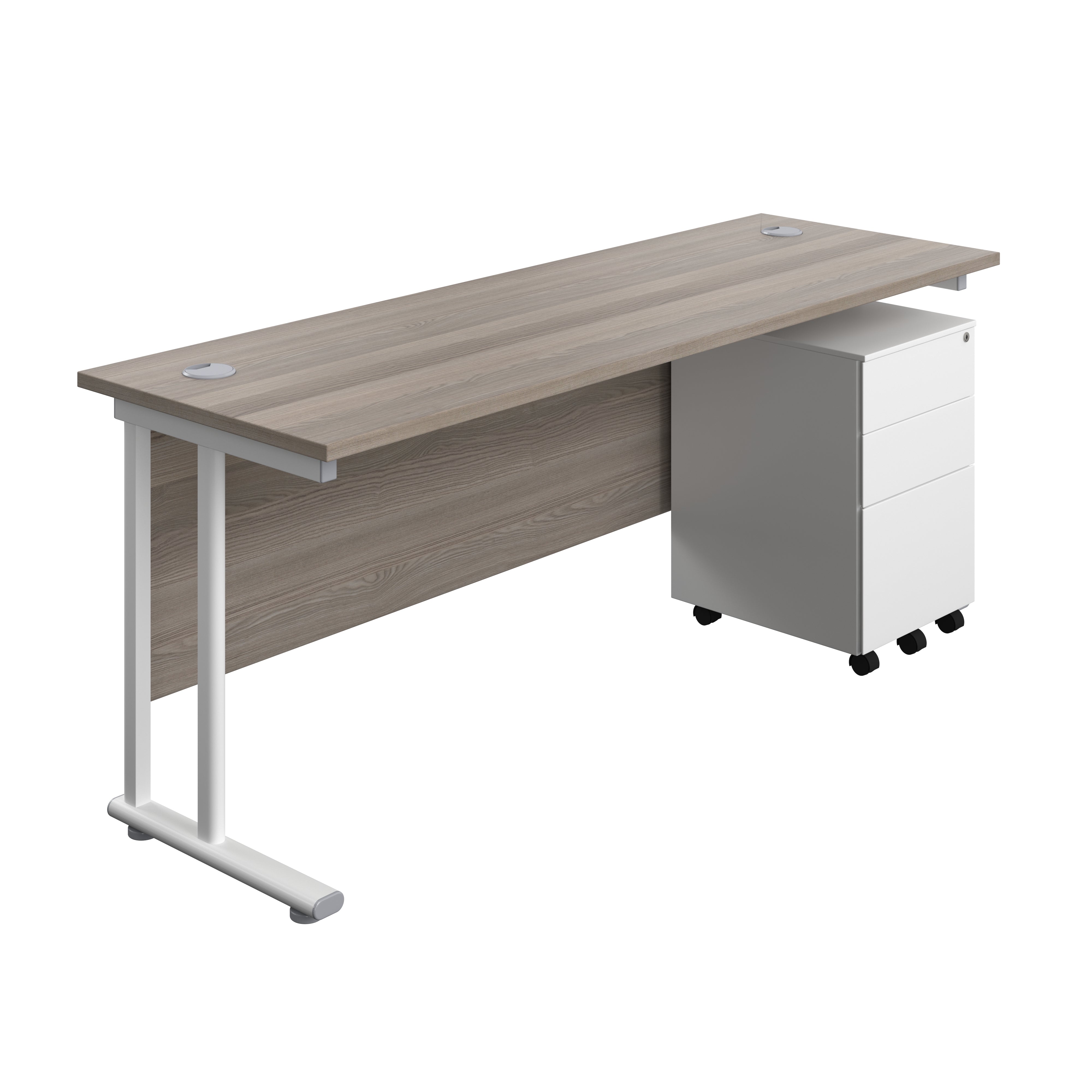 Twin Upright Rectangular Desk + Under Desk Steel Pedestal 3 Drawers (FSC) | 1800X600 | Grey Oak/White