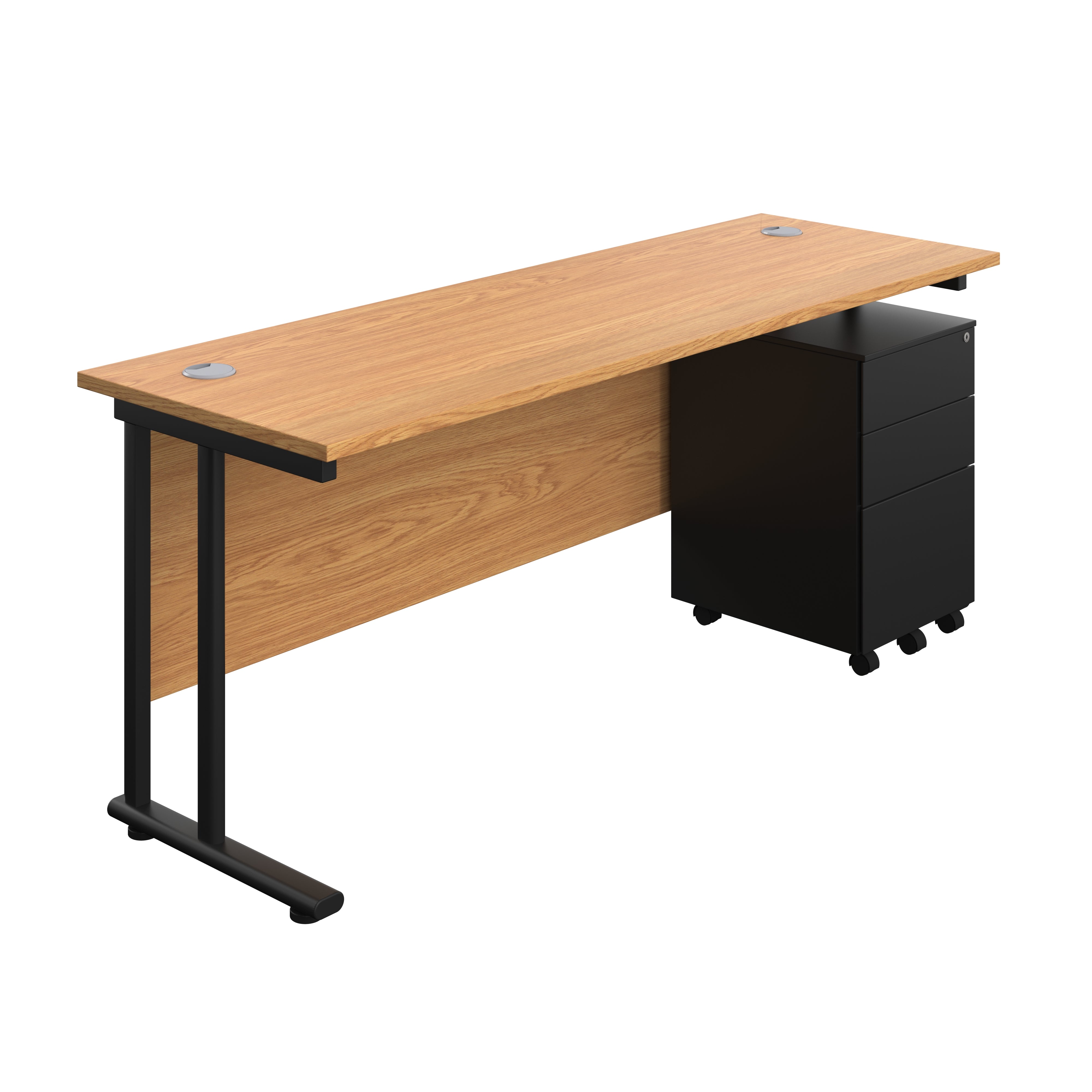 Twin Upright Rectangular Desk + Under Desk Steel Pedestal 3 Drawers (FSC) | 1800X600 | Nova Oak/Black