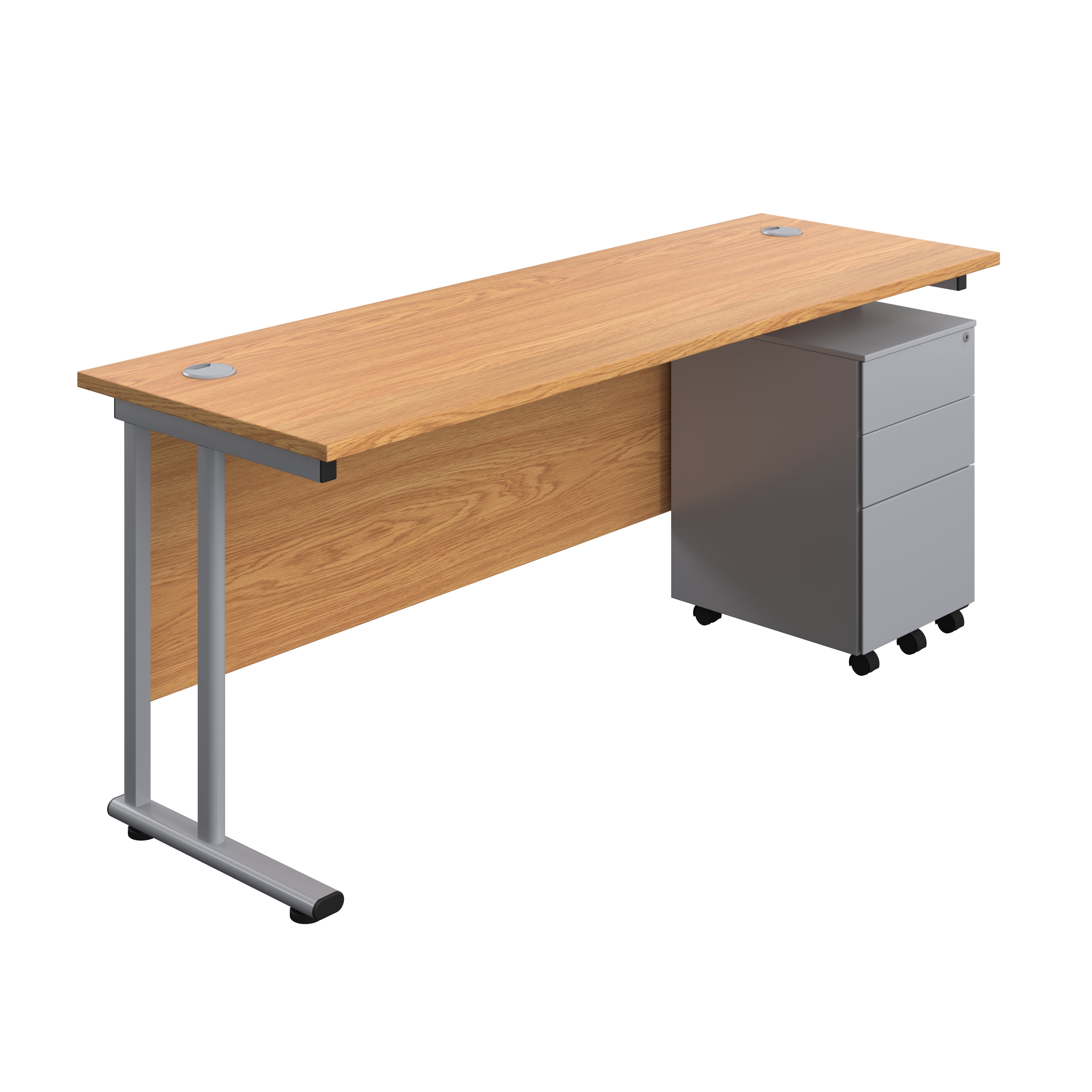 Twin Upright Rectangular Desk + Under Desk Steel Pedestal 3 Drawers (FSC) | 1800X600 | Nova Oak/Silver
