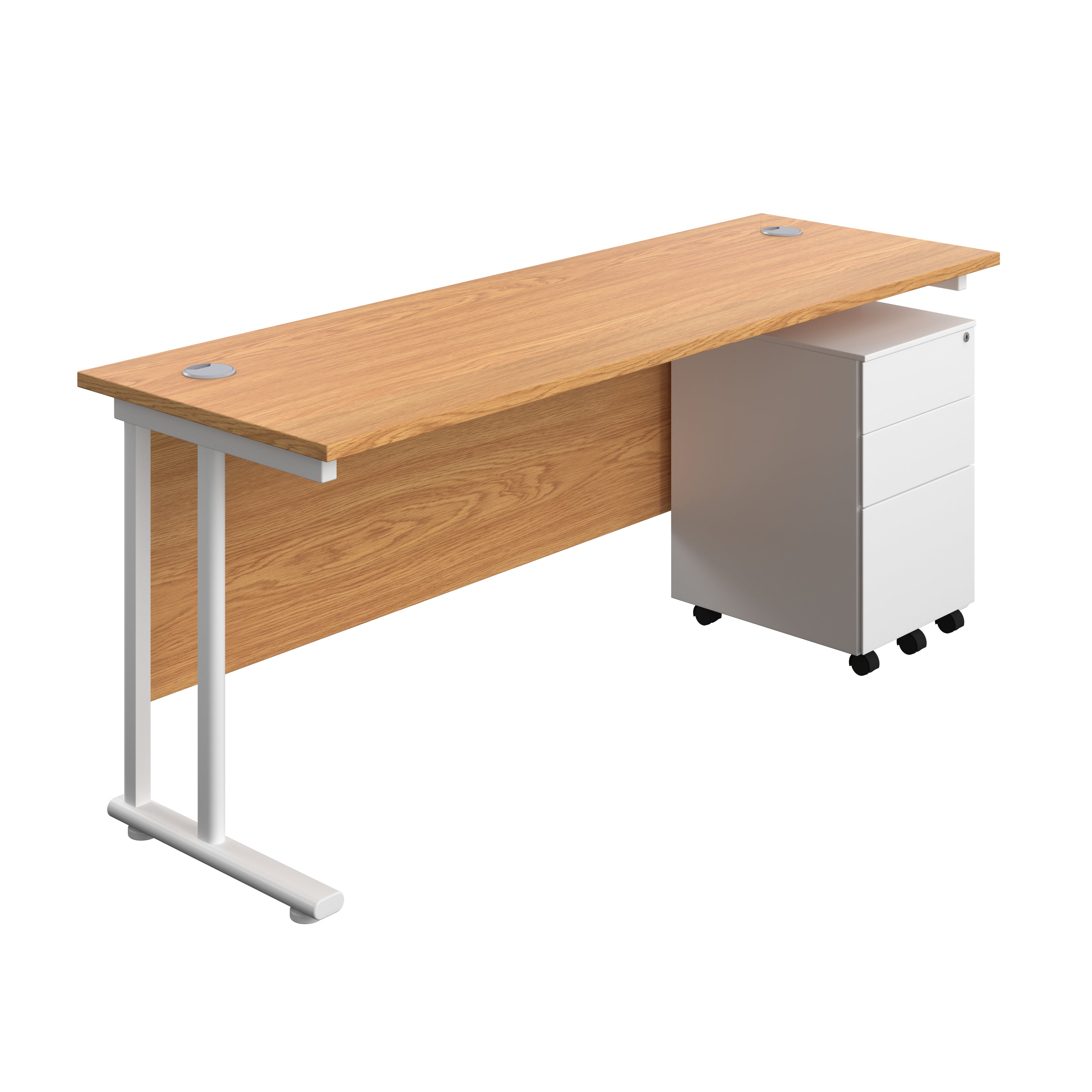 Twin Upright Rectangular Desk + Under Desk Steel Pedestal 3 Drawers (FSC) | 1800X600 | Nova Oak/White