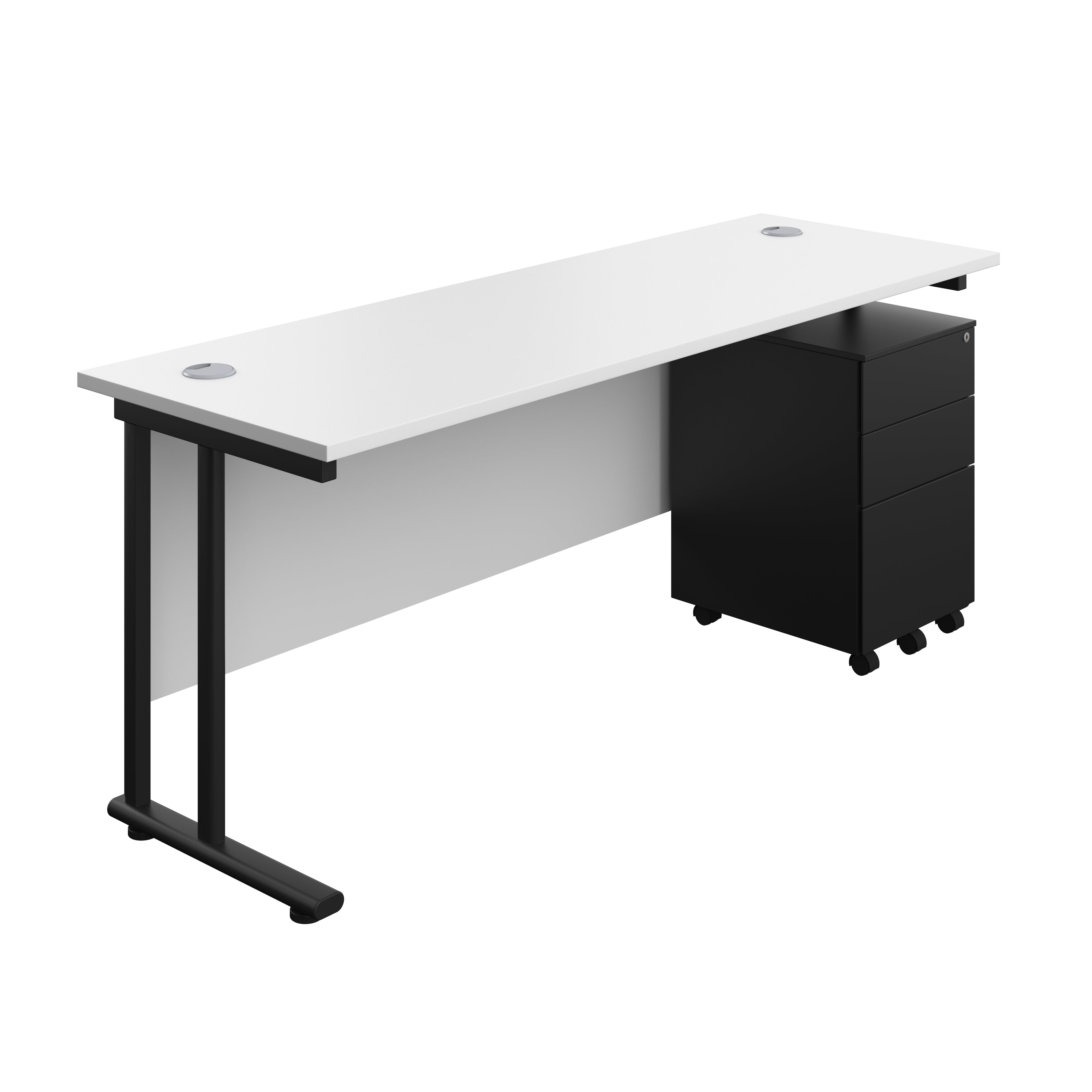Twin Upright Rectangular Desk + Under Desk Steel Pedestal 3 Drawers (FSC) | 1800X600 | White/Black