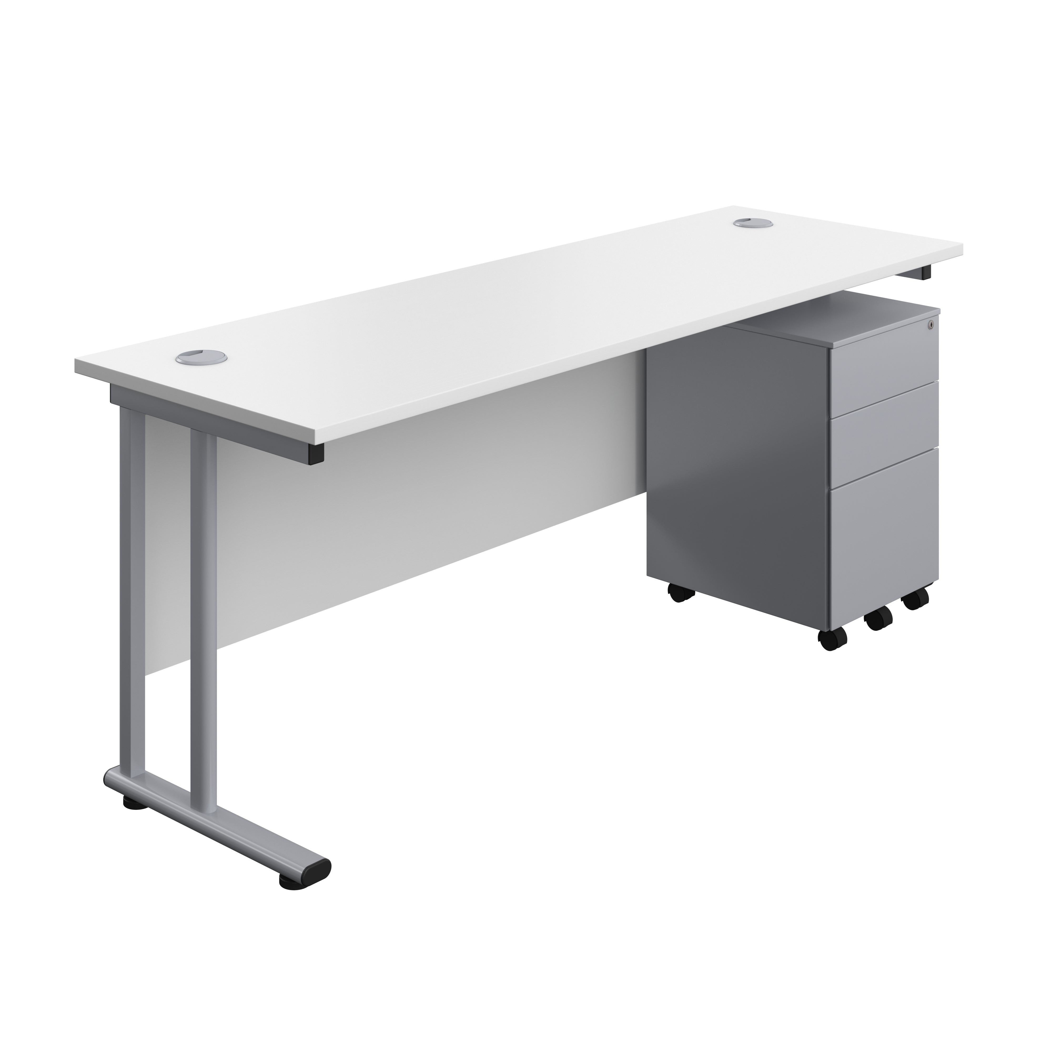 Twin Upright Rectangular Desk + Under Desk Steel Pedestal 3 Drawers (FSC) | 1800X600 | White/Silver