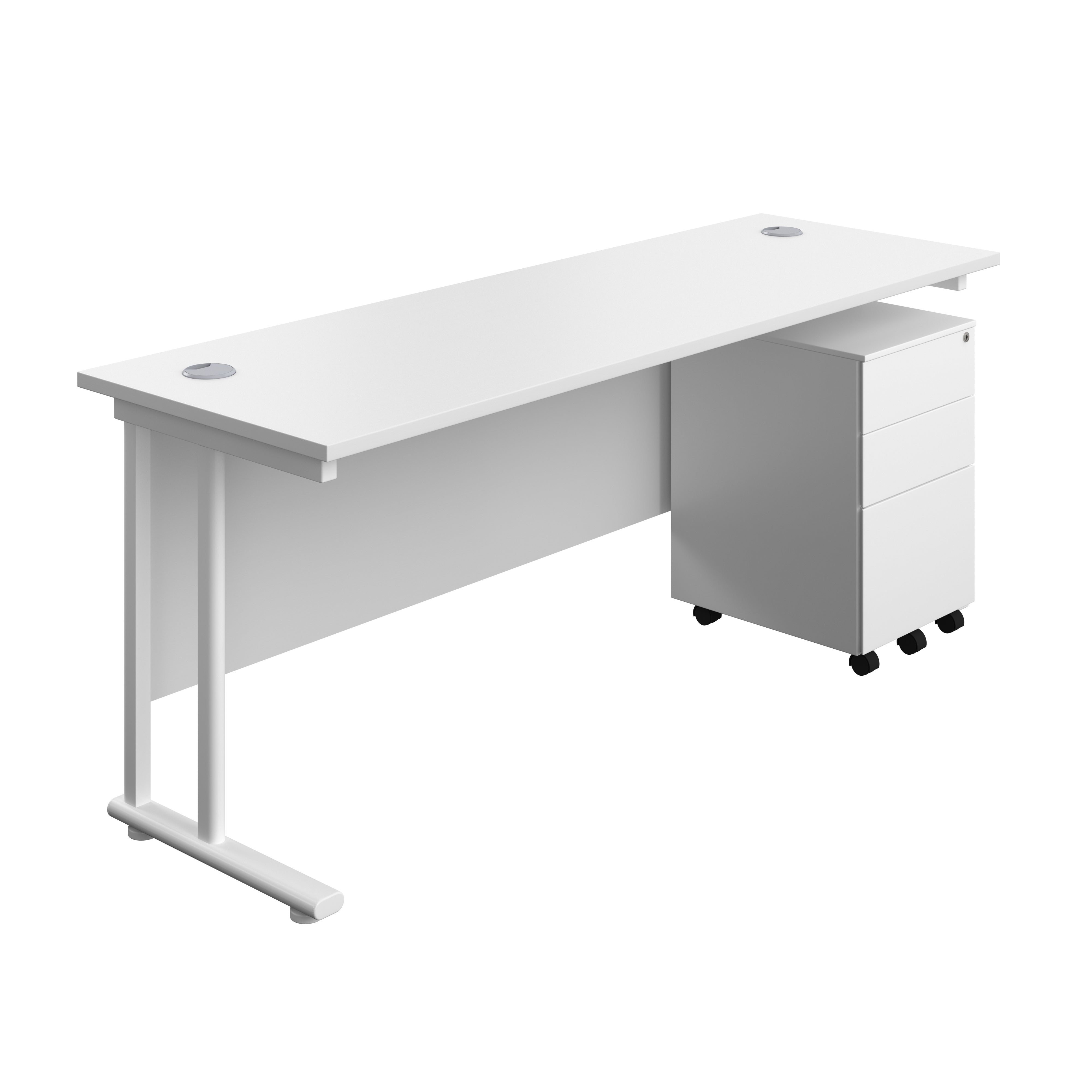 Twin Upright Rectangular Desk + Under Desk Steel Pedestal 3 Drawers (FSC) | 1800X600 | White/White
