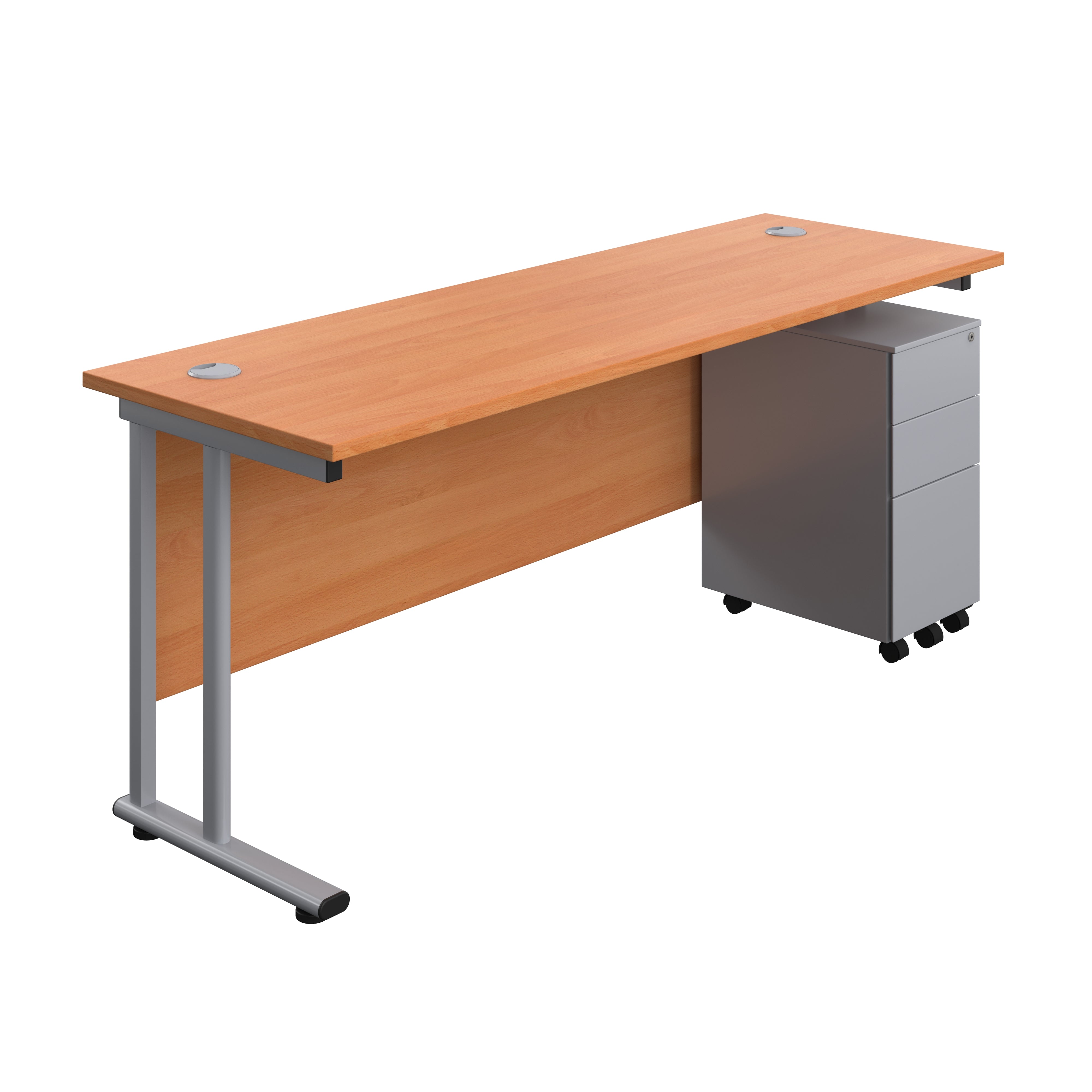Twin Upright Rectangular Desk + Slimline Steel Pedestal 3 Drawers (FSC) | 1800X600 | Beech/Silver