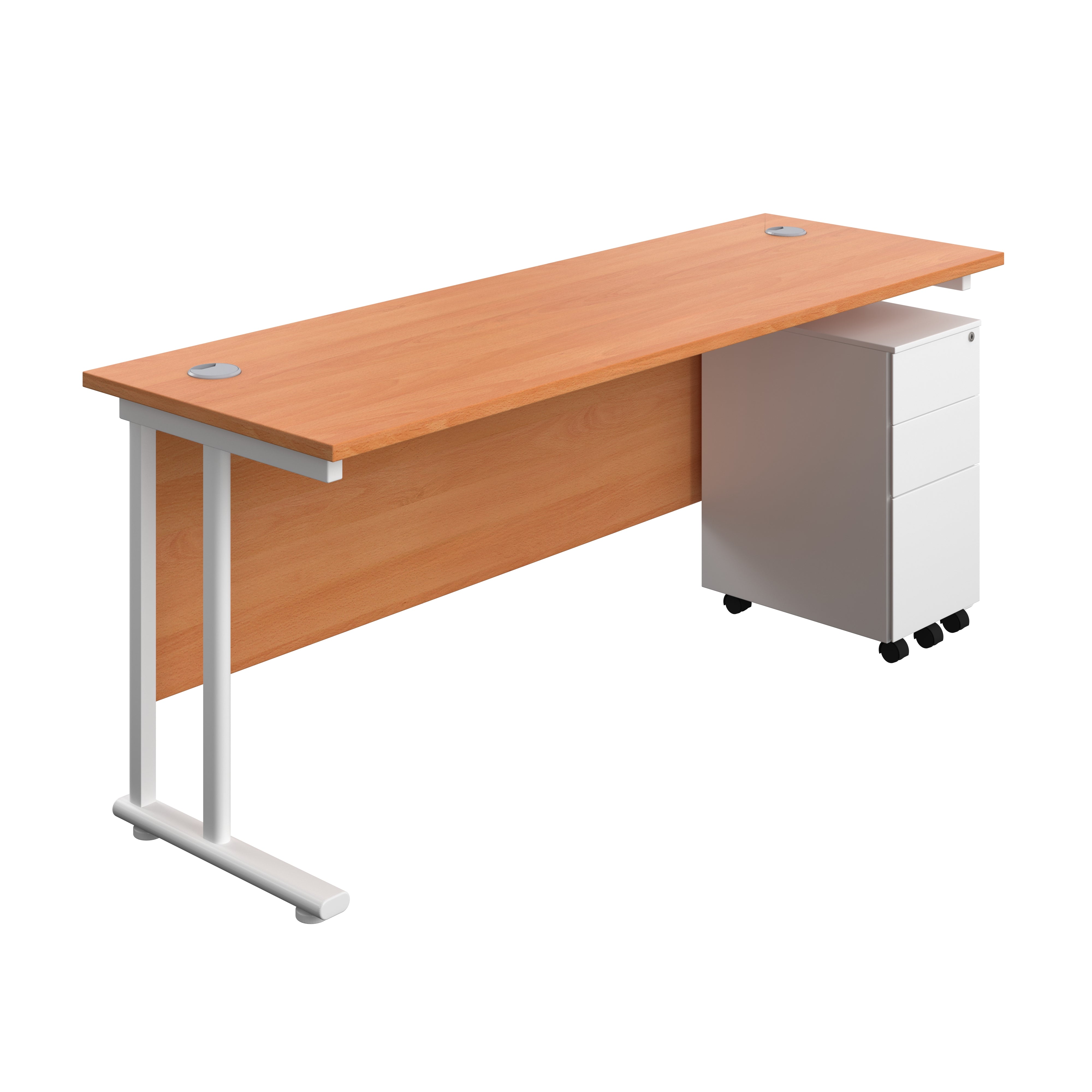 Twin Upright Rectangular Desk + Slimline Steel Pedestal 3 Drawers (FSC) | 1800X600 | Beech/White
