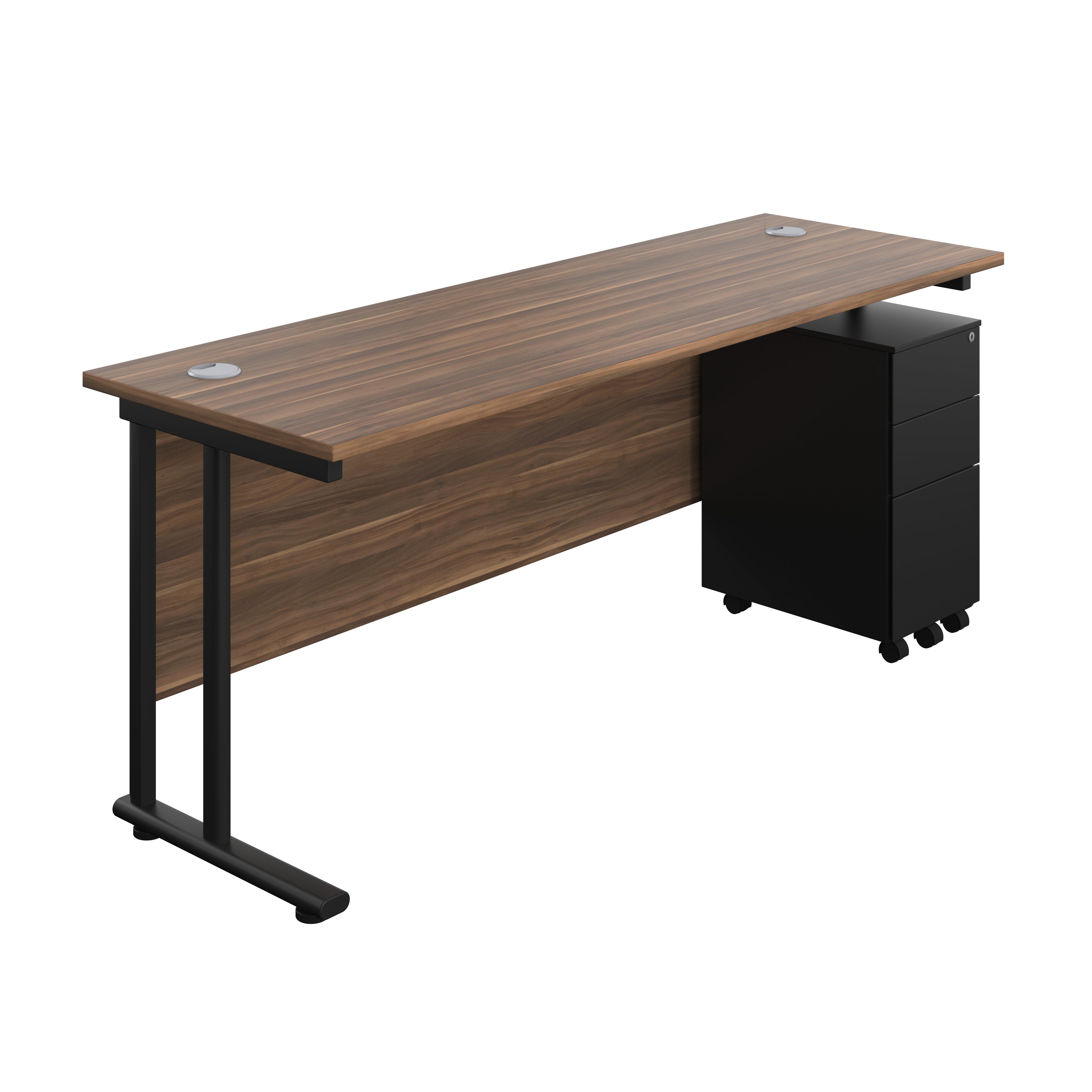 Twin Upright Rectangular Desk + Slimline Steel Pedestal 3 Drawers (FSC) | 1800X600 | Dark Walnut/Black