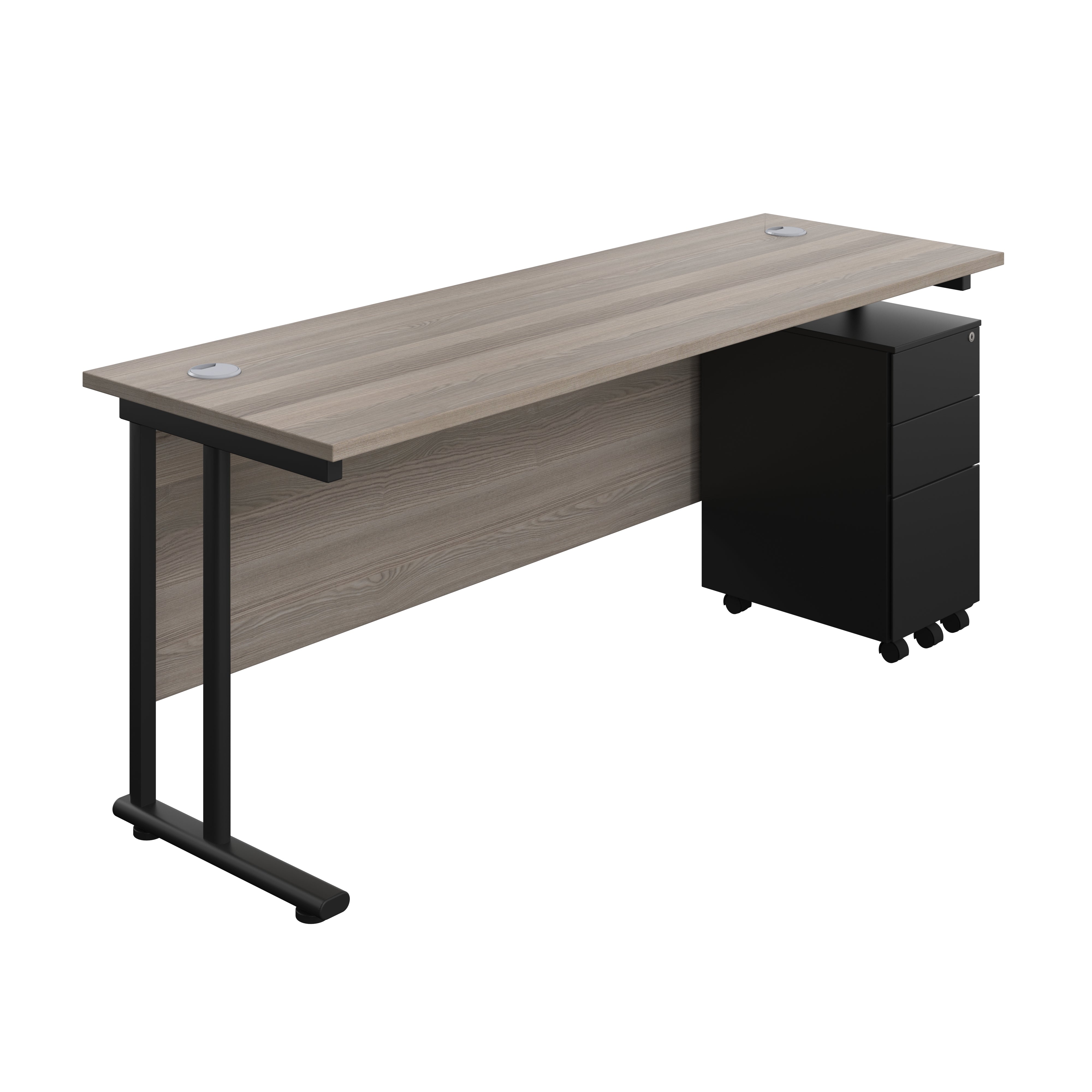 Twin Upright Rectangular Desk + Slimline Steel Pedestal 3 Drawers (FSC) | 1800X600 | Grey Oak/Black