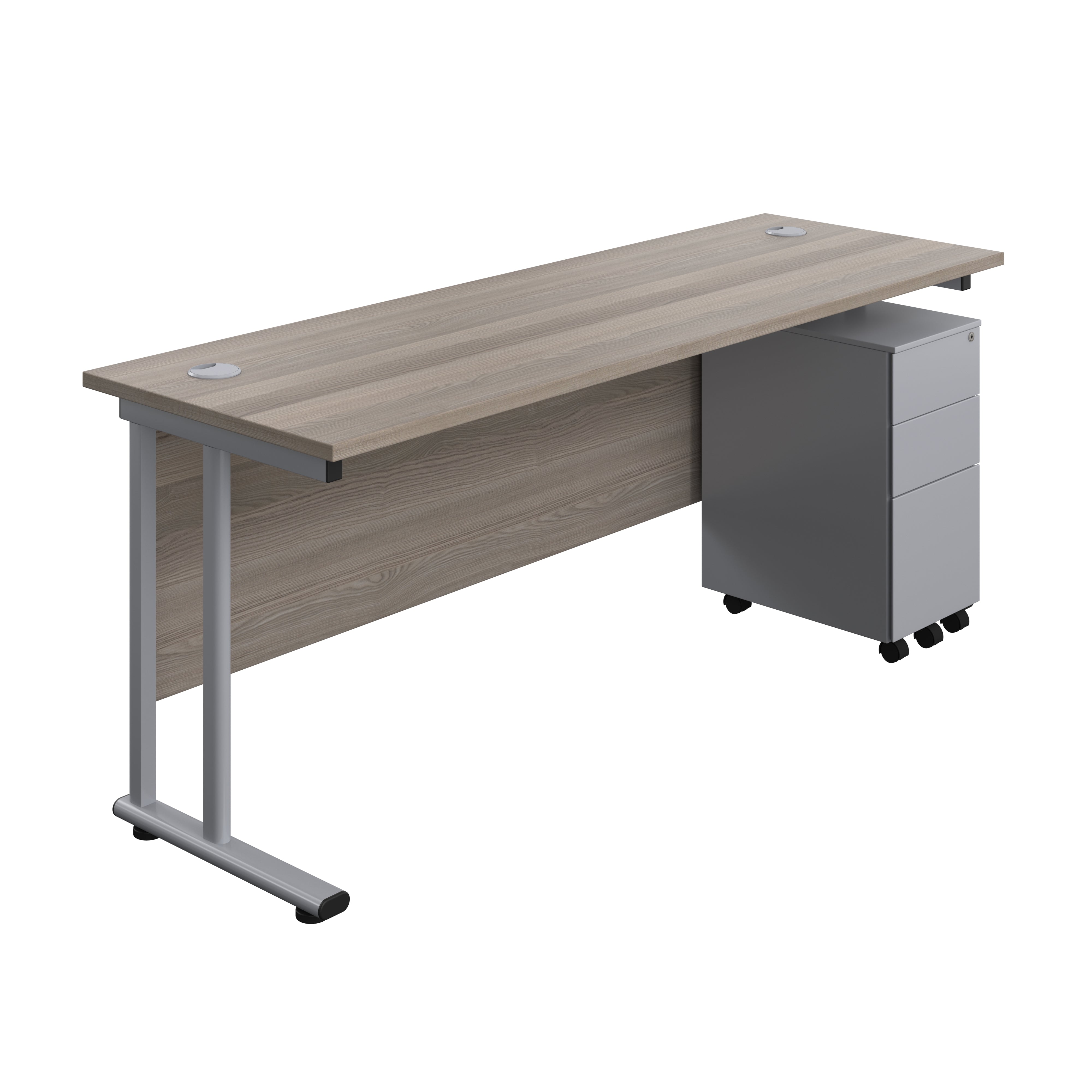 Twin Upright Rectangular Desk + Slimline Steel Pedestal 3 Drawers (FSC) | 1800X600 | Grey Oak/Silver