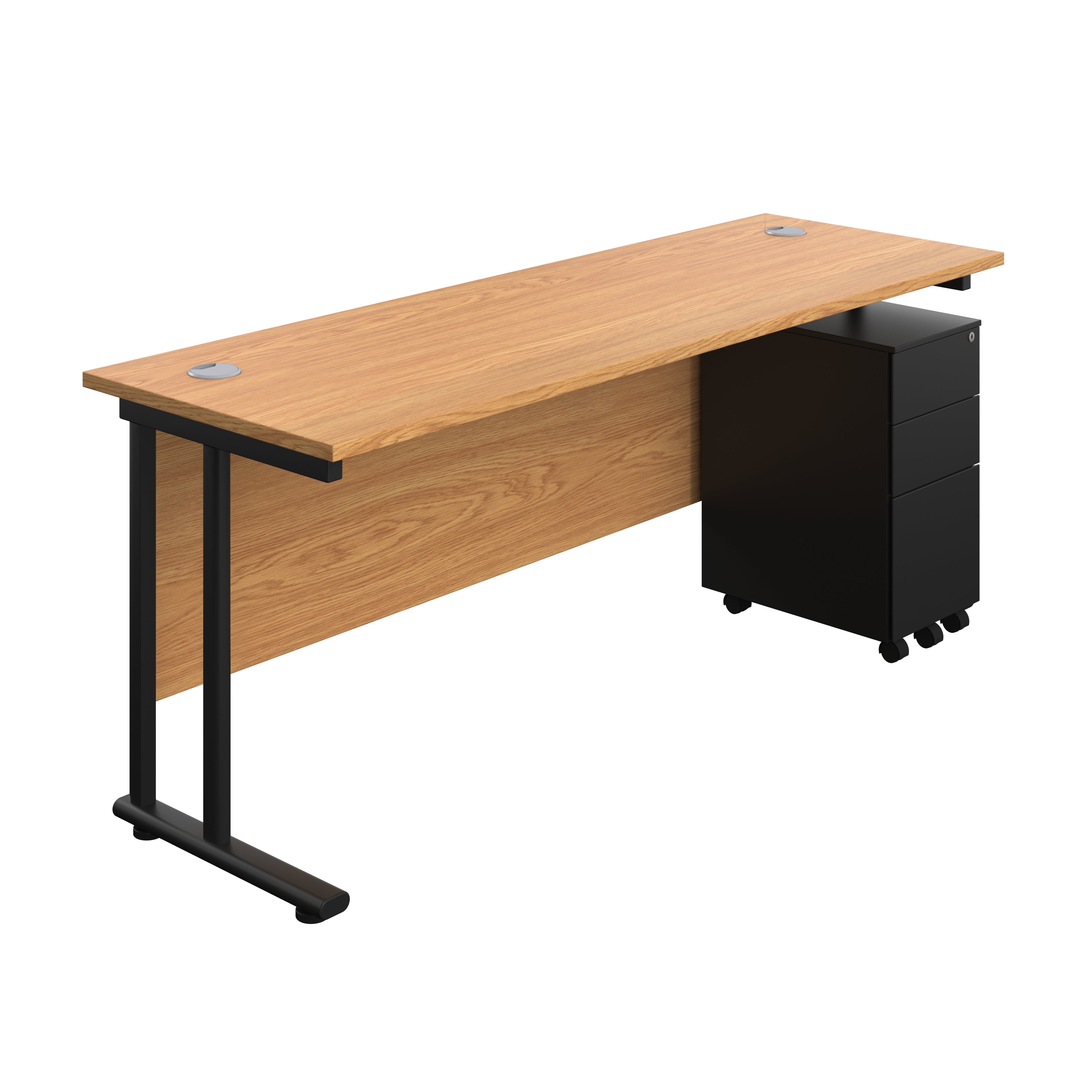 Twin Upright Rectangular Desk + Slimline Steel Pedestal 3 Drawers (FSC) | 1800X600 | Nova Oak/Black
