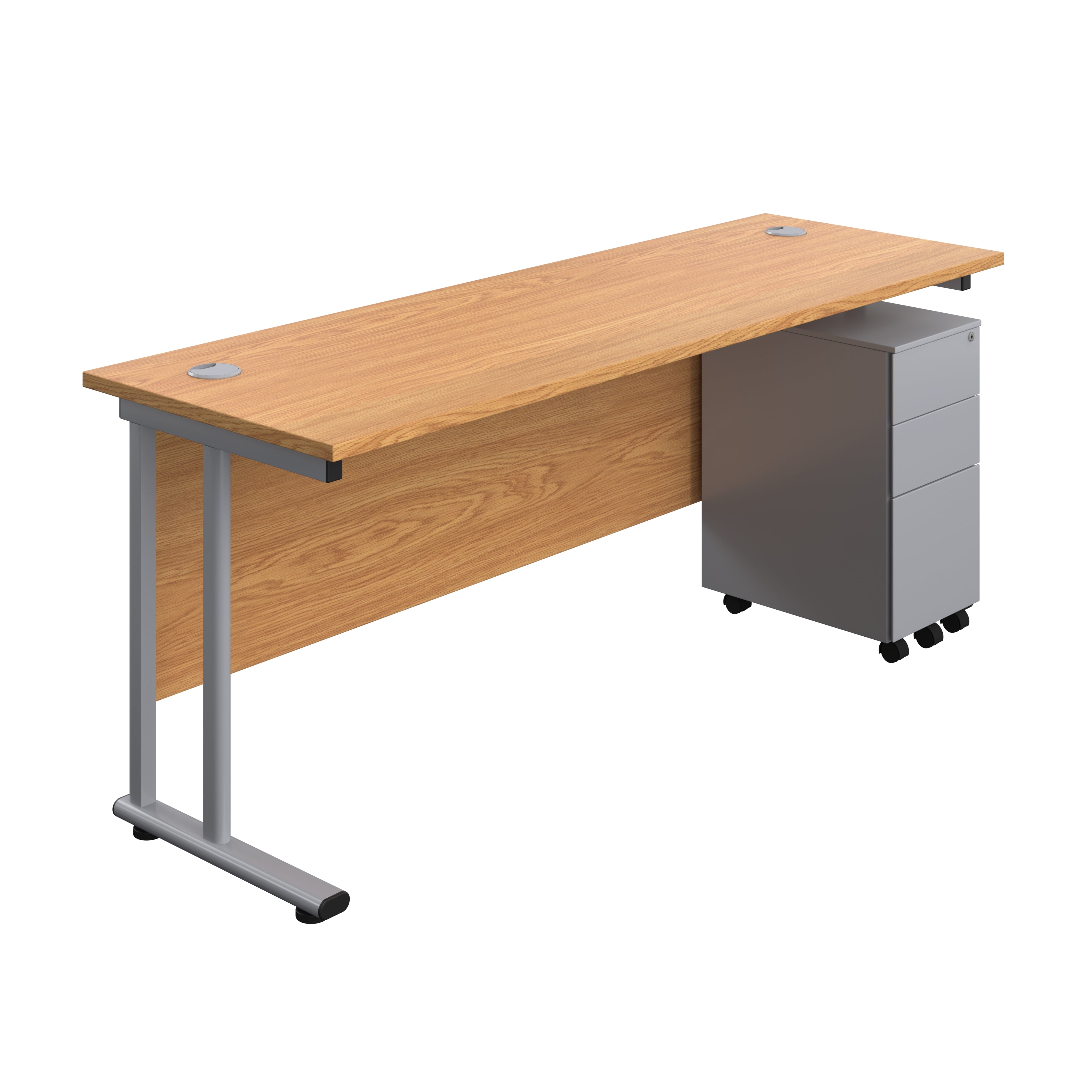 Twin Upright Rectangular Desk + Slimline Steel Pedestal 3 Drawers (FSC) | 1800X600 | Nova Oak/Silver