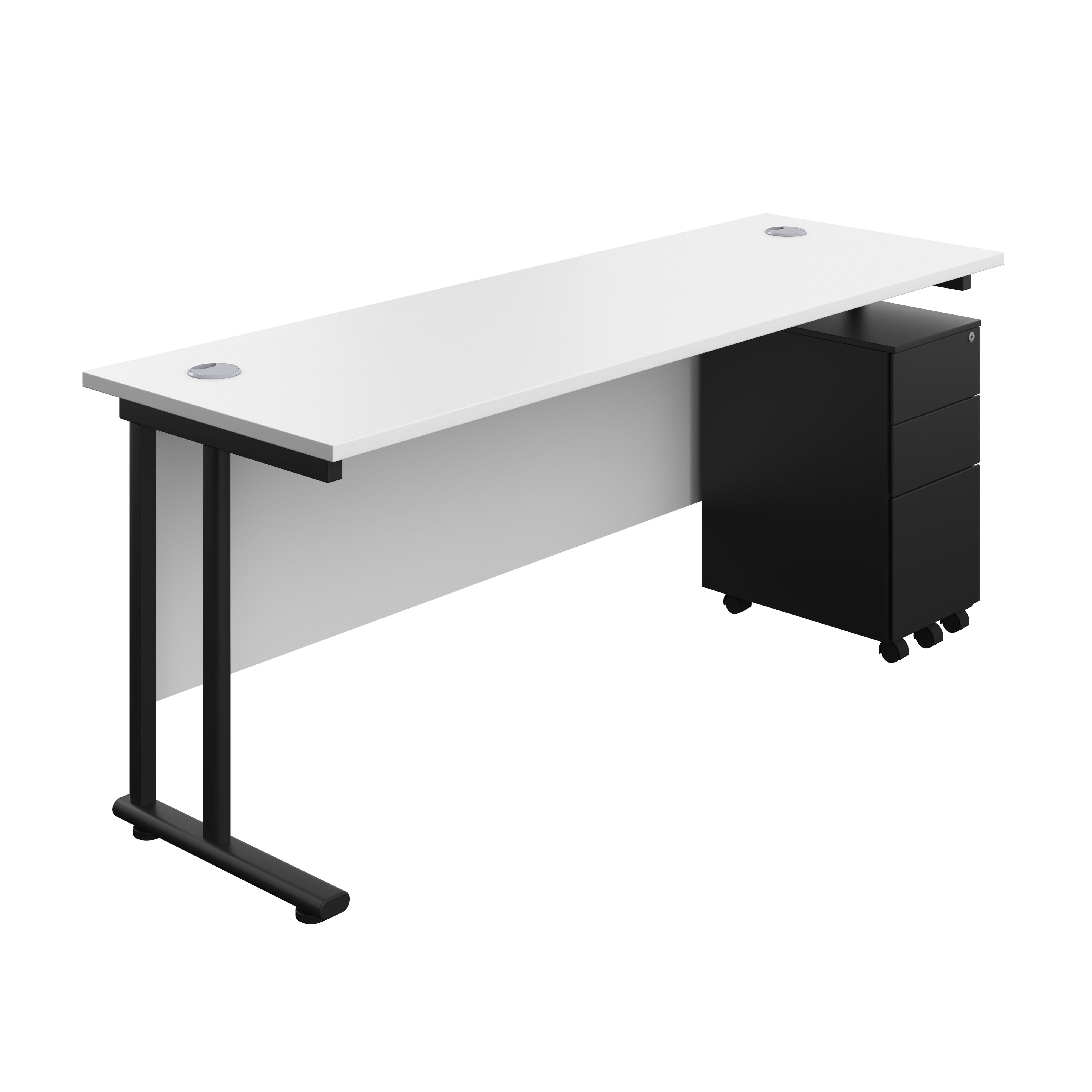 Twin Upright Rectangular Desk + Slimline Steel Pedestal 3 Drawers (FSC) | 1800X600 | White/Black