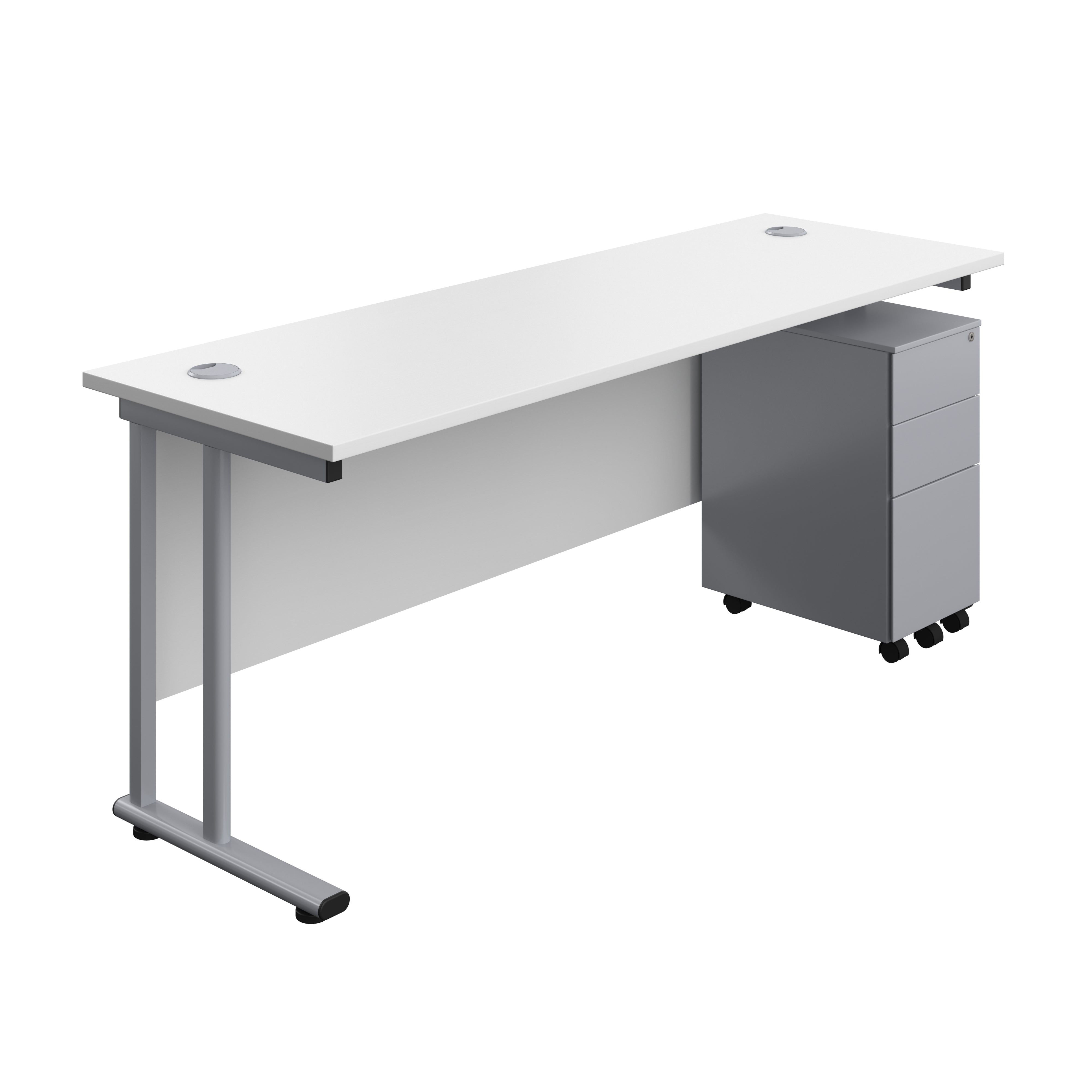 Twin Upright Rectangular Desk + Slimline Steel Pedestal 3 Drawers (FSC) | 1800X600 | White/Silver