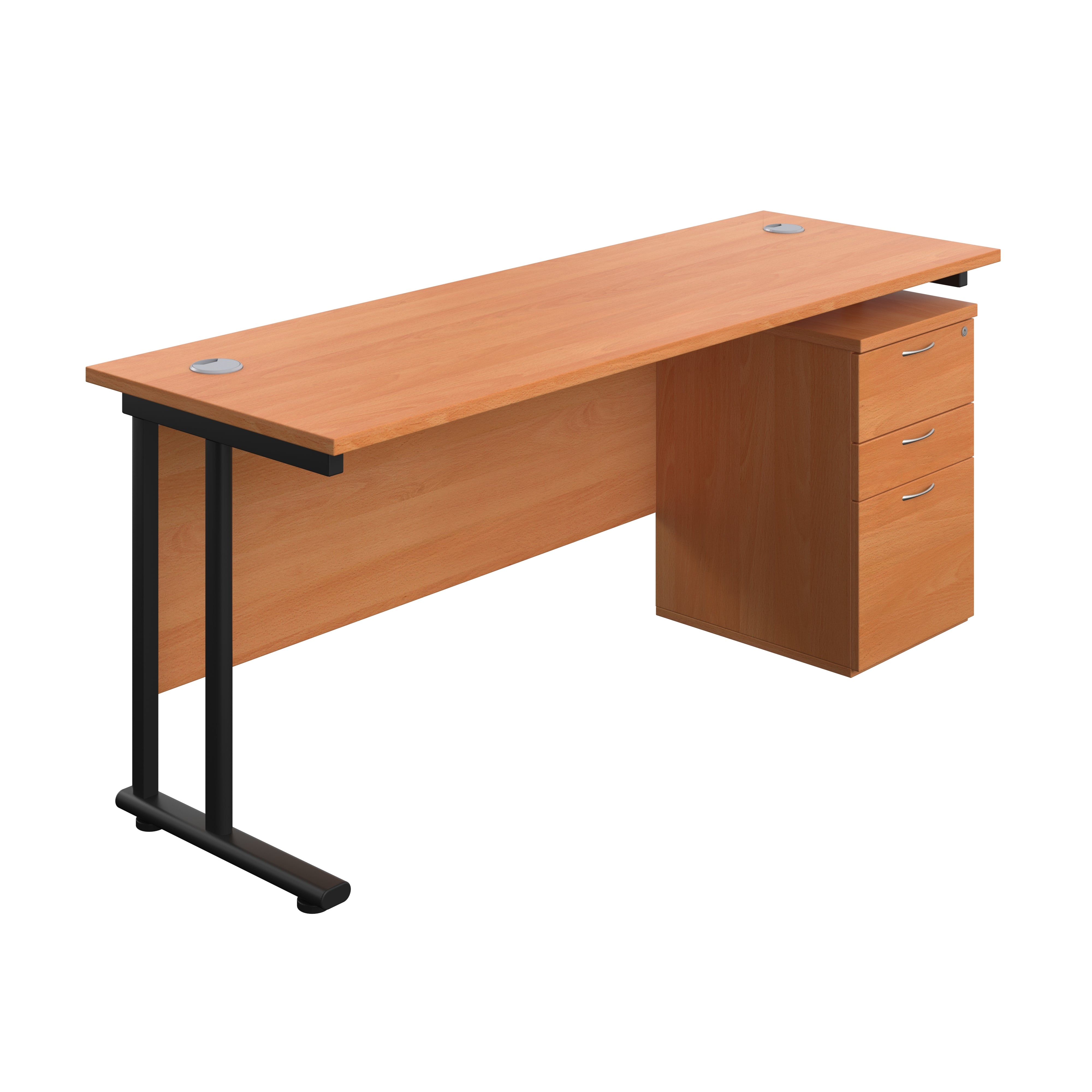 Twin Upright Rectangular Desk + High Mobile Pedestal 3 Drawer (FSC) | 1800X600 | Beech/Black