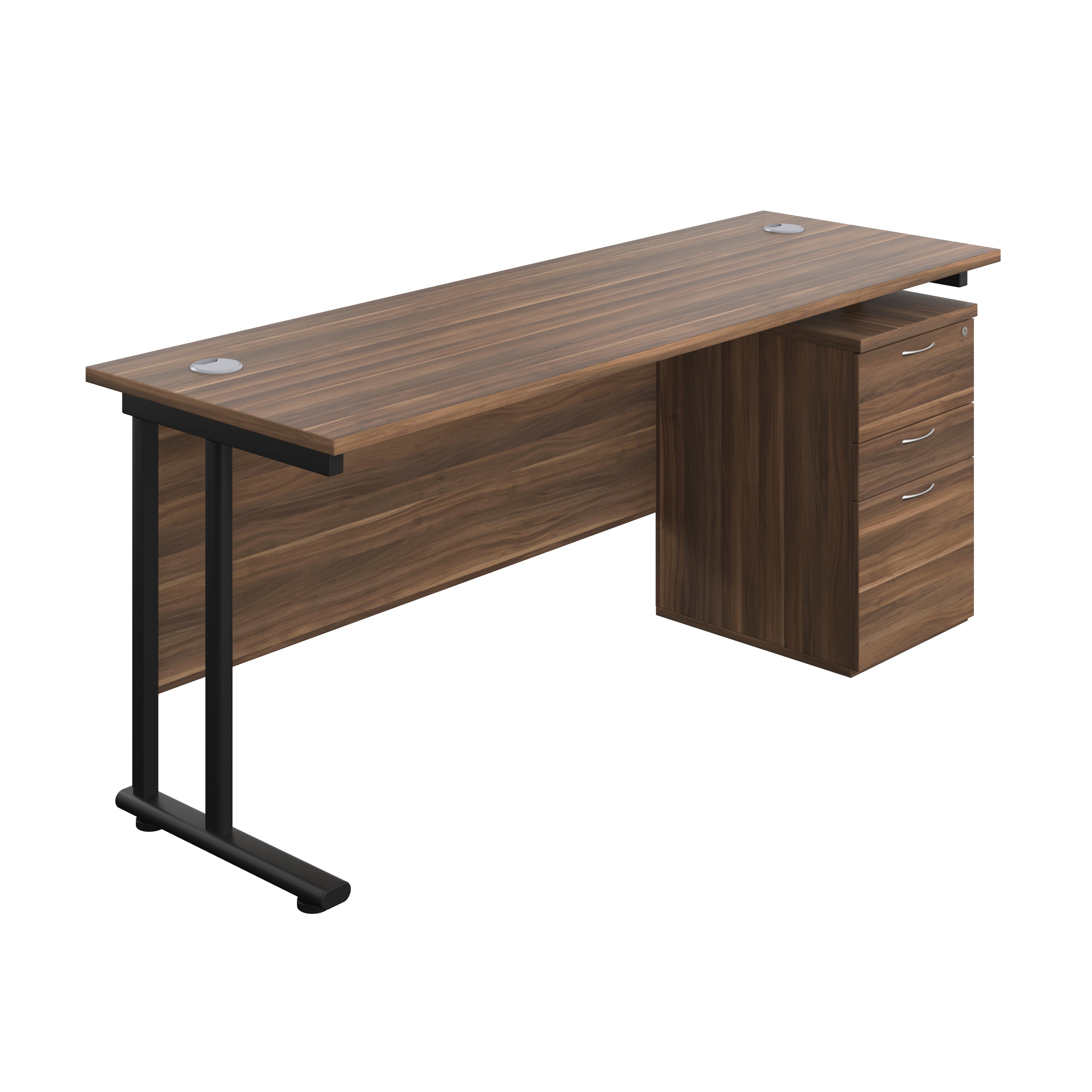 Twin Upright Rectangular Desk + High Mobile Pedestal 3 Drawer (FSC) | 1800X600 | Dark Walnut/Black