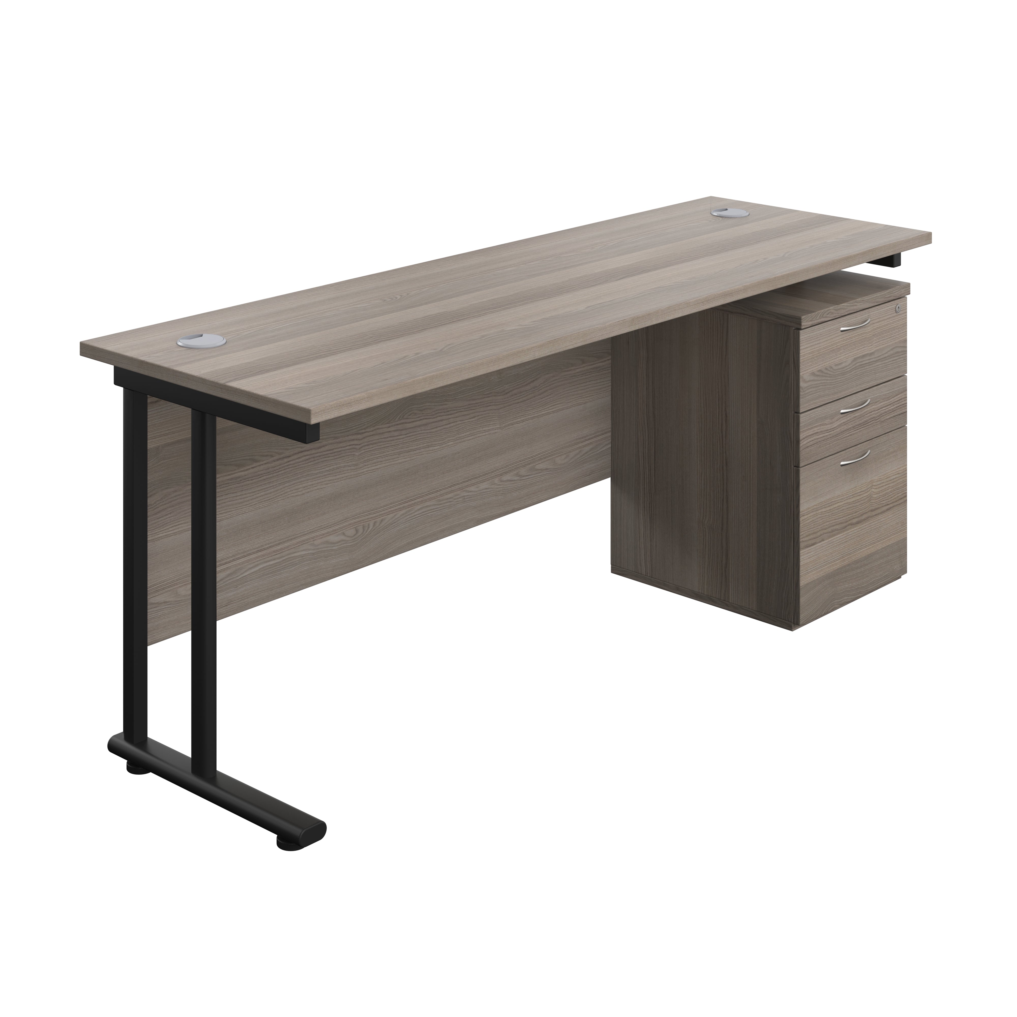 Twin Upright Rectangular Desk + High Mobile Pedestal 3 Drawer (FSC) | 1800X600 | Grey Oak/Black