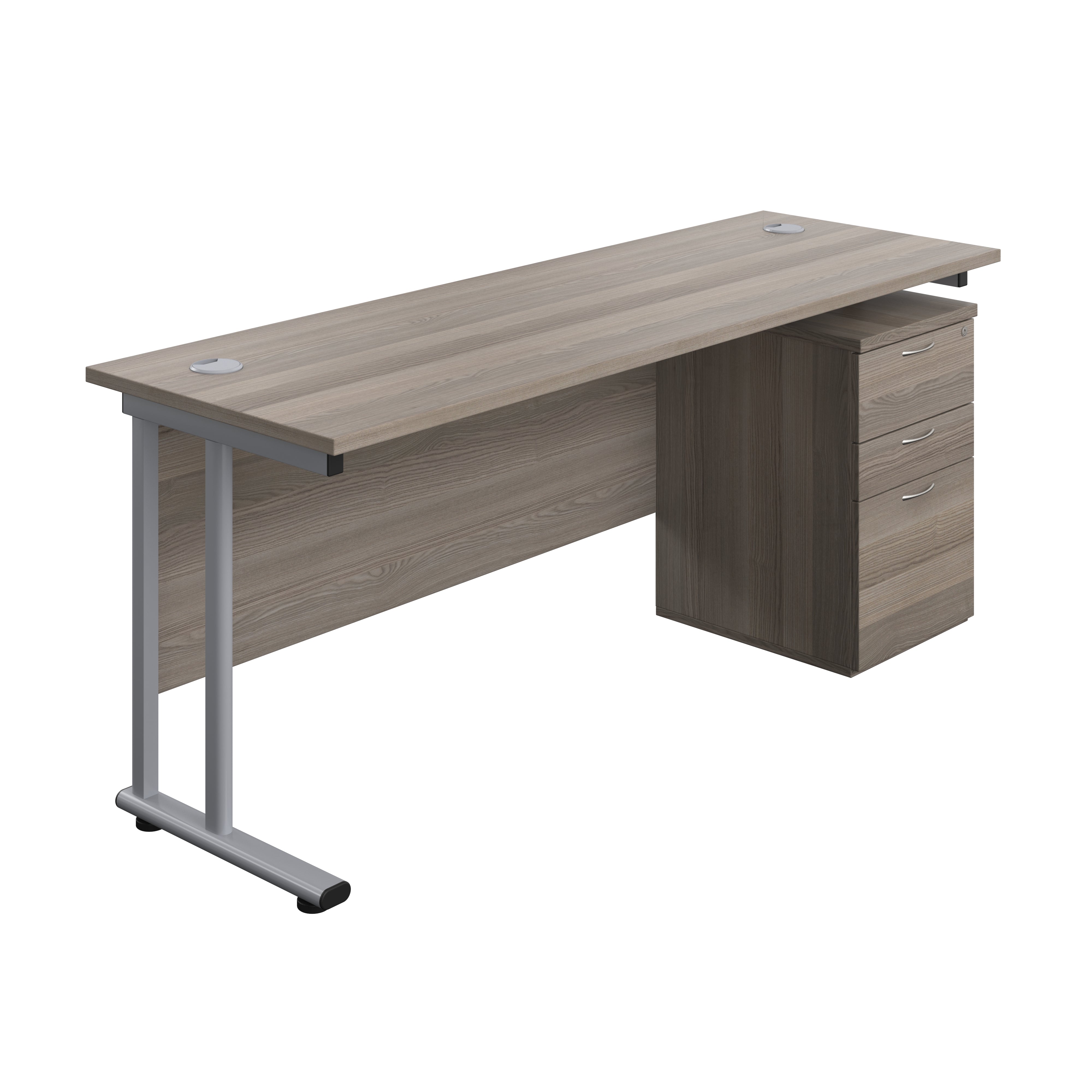 Twin Upright Rectangular Desk + High Mobile Pedestal 3 Drawer (FSC) | 1800X600 | Grey Oak/Silver
