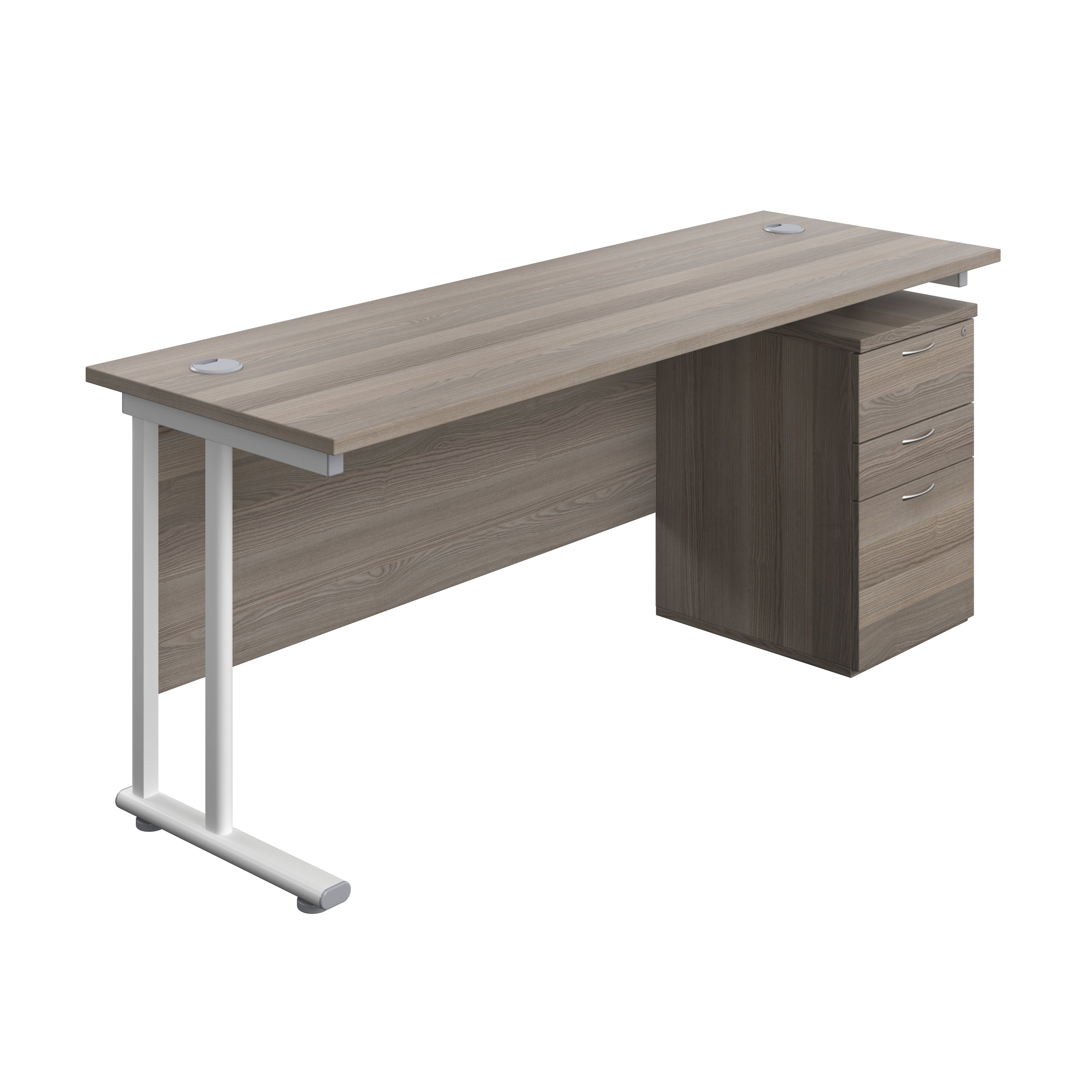 Twin Upright Rectangular Desk + High Mobile Pedestal 3 Drawer (FSC) | 1800X600 | Grey Oak/White
