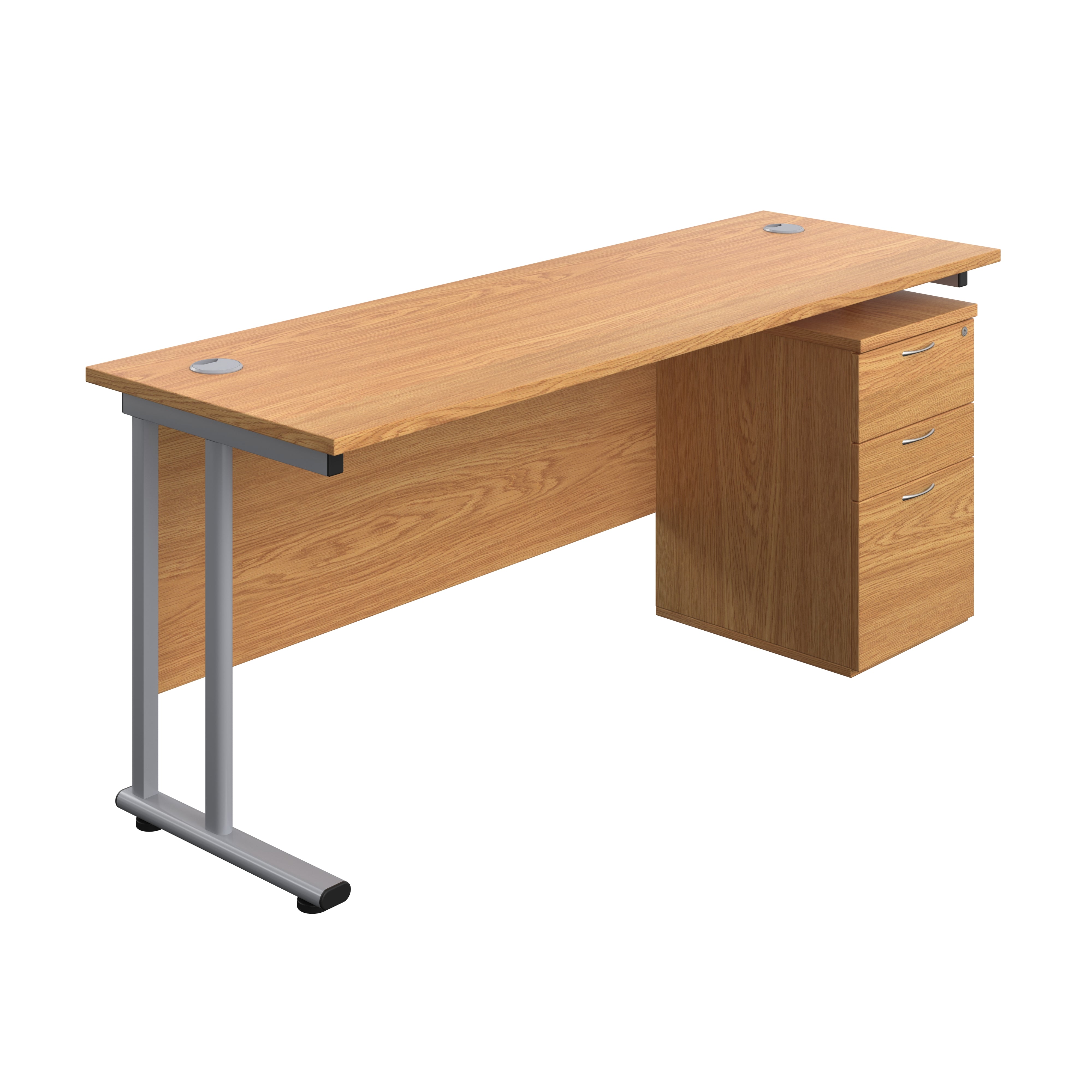 Twin Upright Rectangular Desk + High Mobile Pedestal 3 Drawer (FSC) | 1800X600 | Nova Oak/Silver