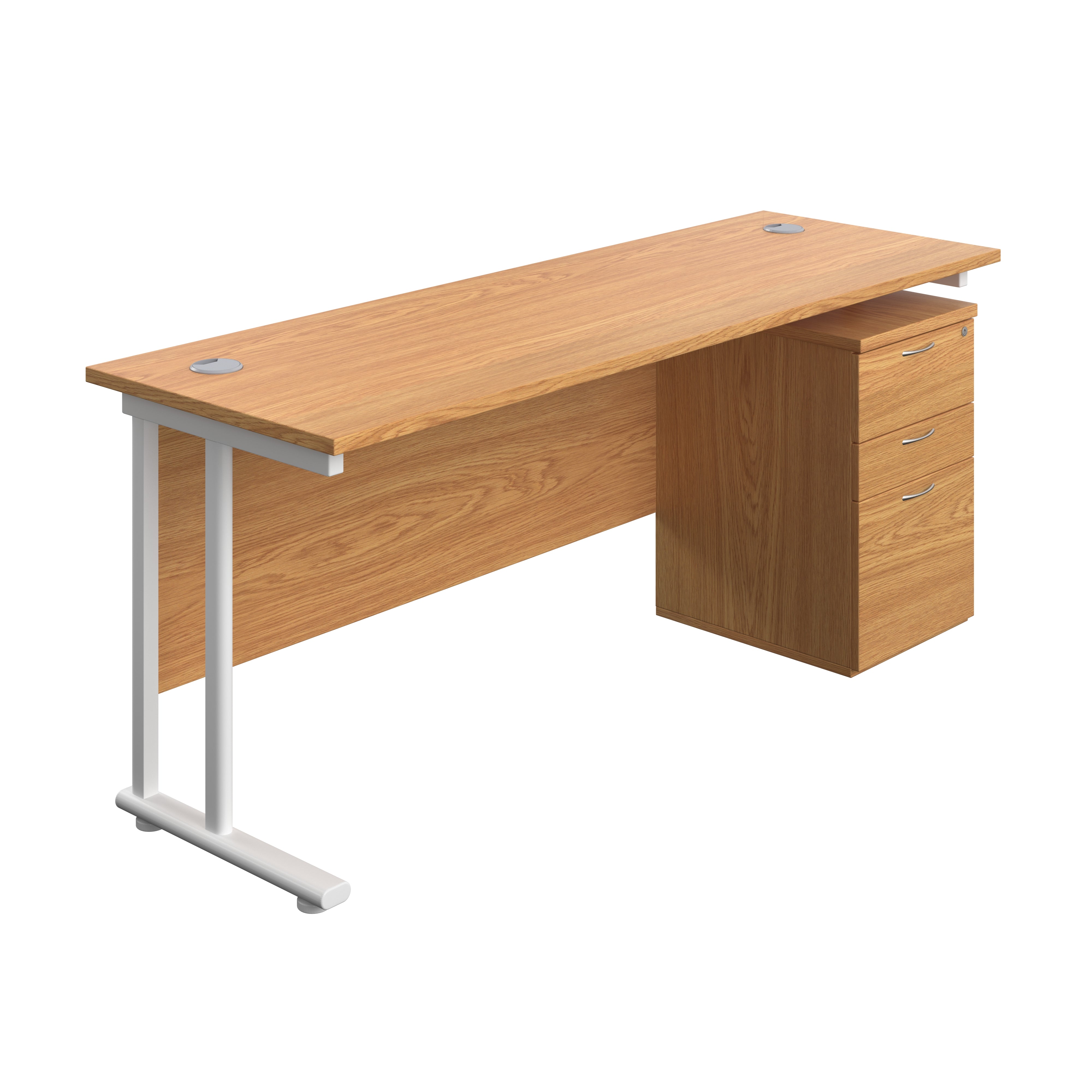 Twin Upright Rectangular Desk + High Mobile Pedestal 3 Drawer (FSC) | 1800X600 | Nova Oak/White