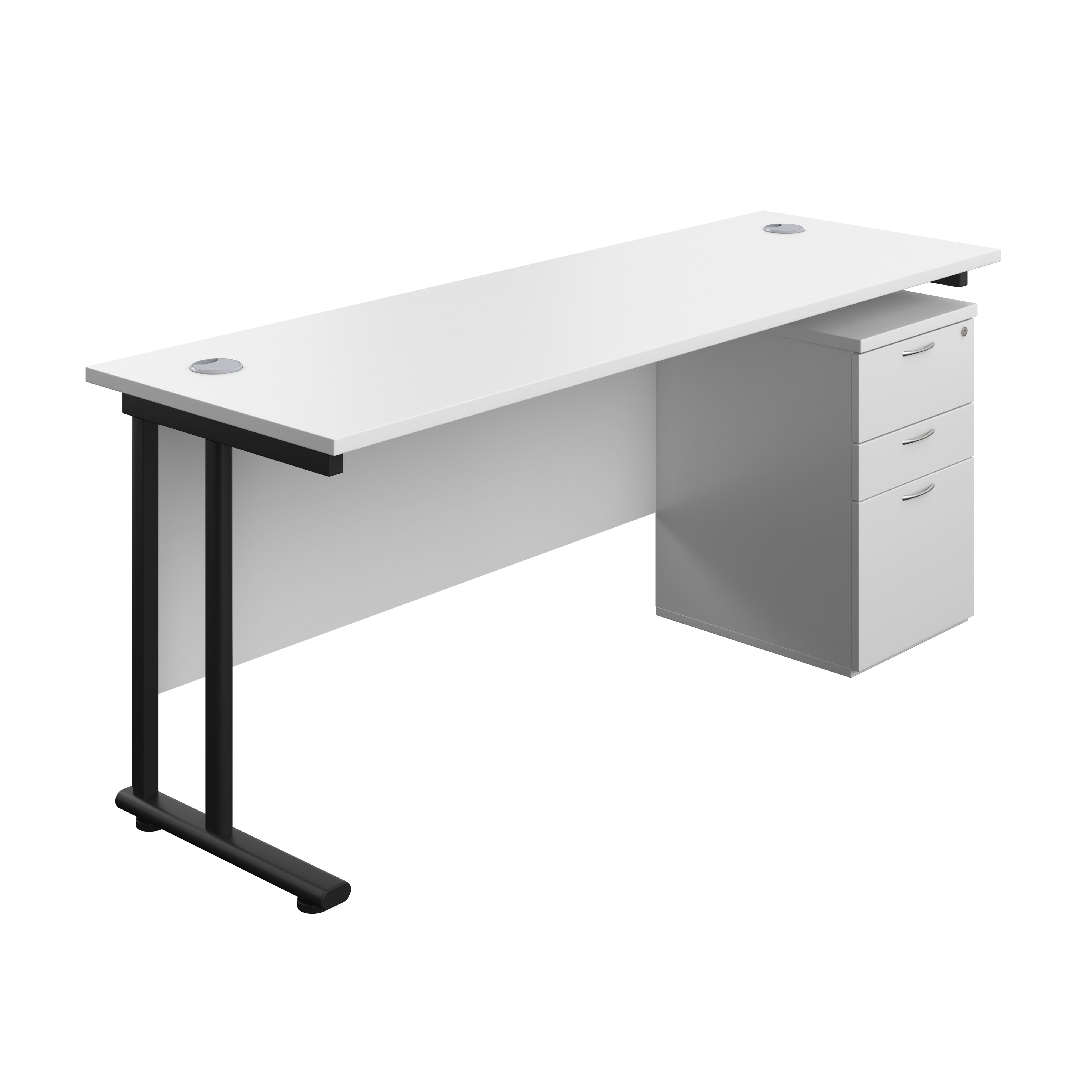 Twin Upright Rectangular Desk + High Mobile Pedestal 3 Drawer (FSC) | 1800X600 | White/Black