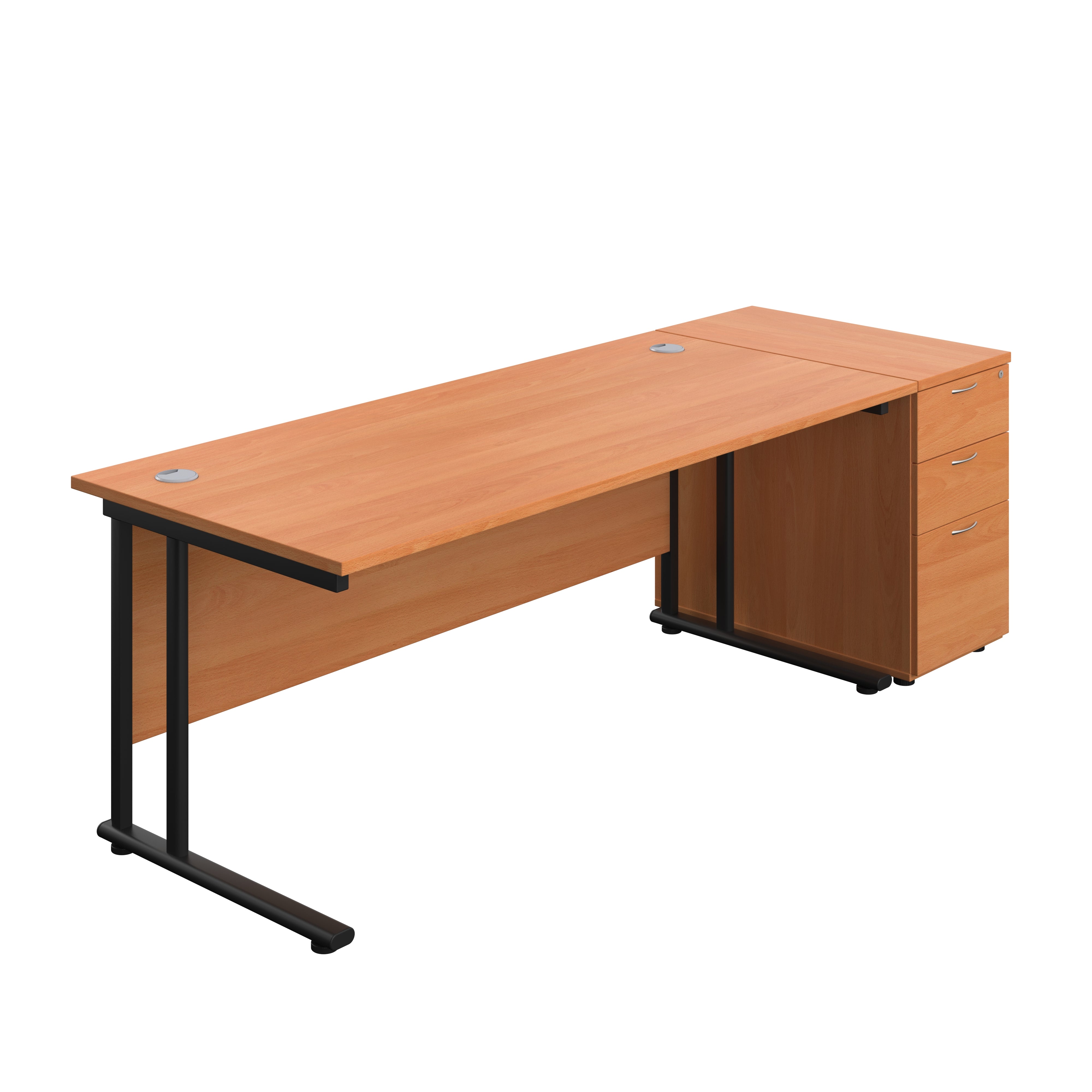 Twin Upright Rectangular Desk + Desk High 3 Drawer Pedestal (FSC) | 1800X800 | Beech/Black