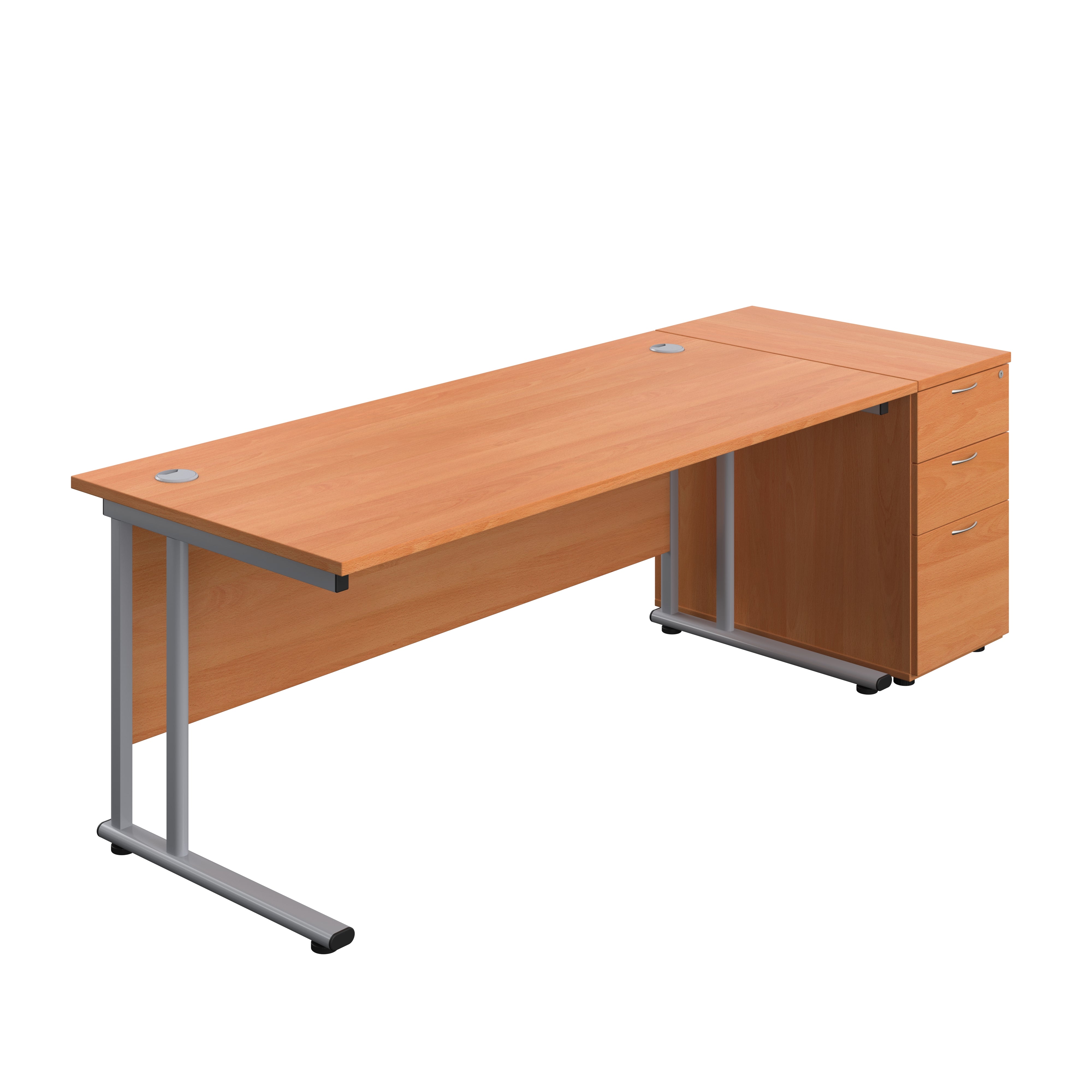 Twin Upright Rectangular Desk + Desk High 3 Drawer Pedestal (FSC) | 1800X800 | Beech/Silver