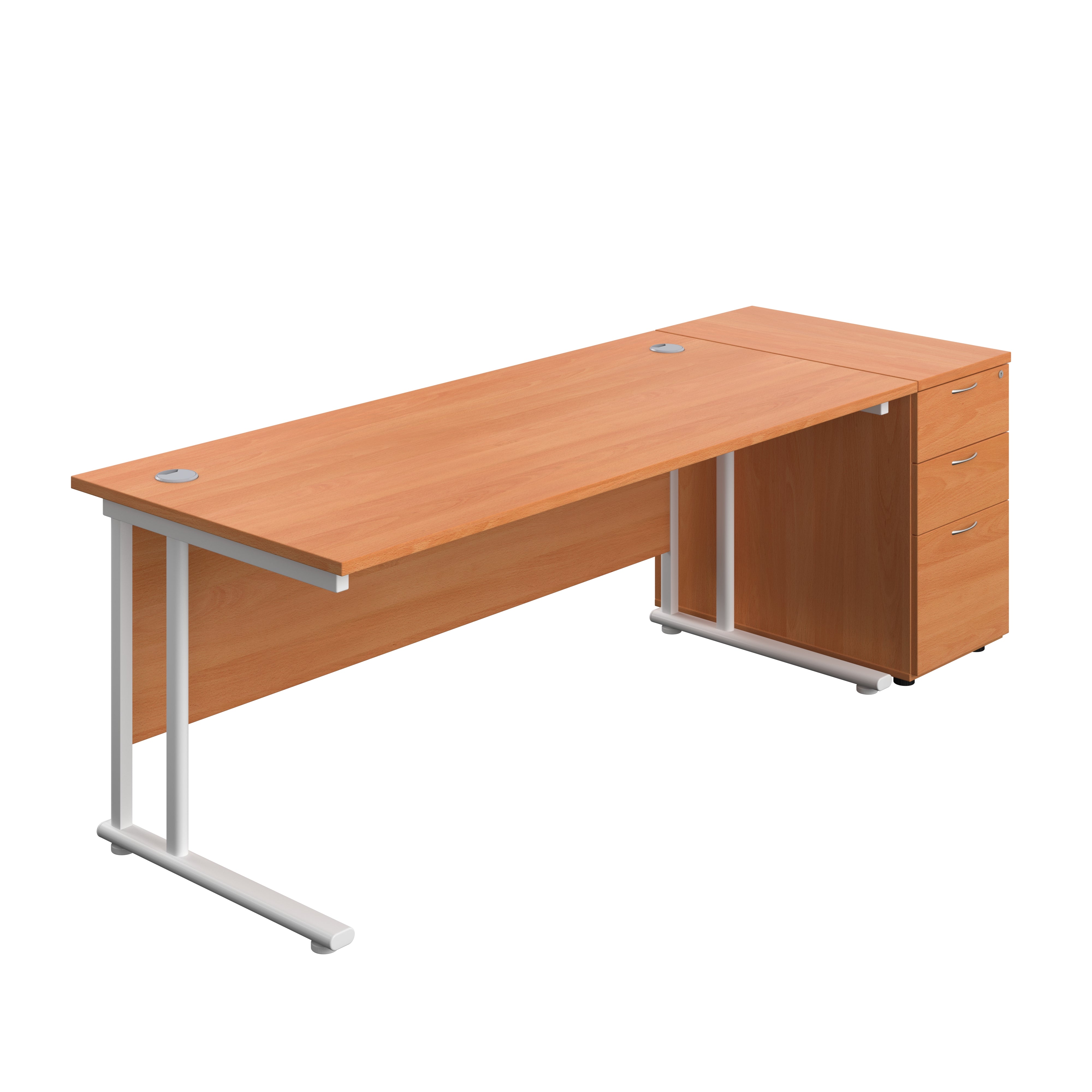 Twin Upright Rectangular Desk + Desk High 3 Drawer Pedestal (FSC) | 1800X800 | Beech/White